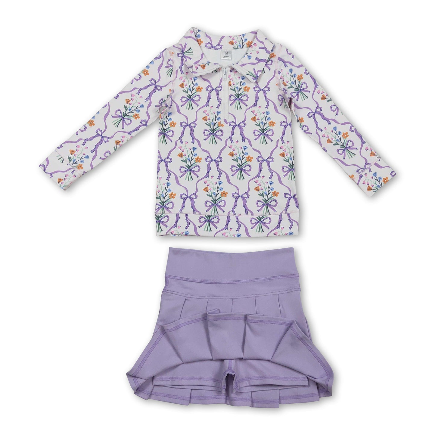 Geblümtes Lavendel-Schleifen-Faltenrock Mädchen Yoga Activewear Set