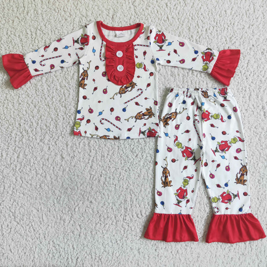 Grüner Gesichtsaufdruck langärmeliger Baby-Mädchen-Weihnachtspyjama