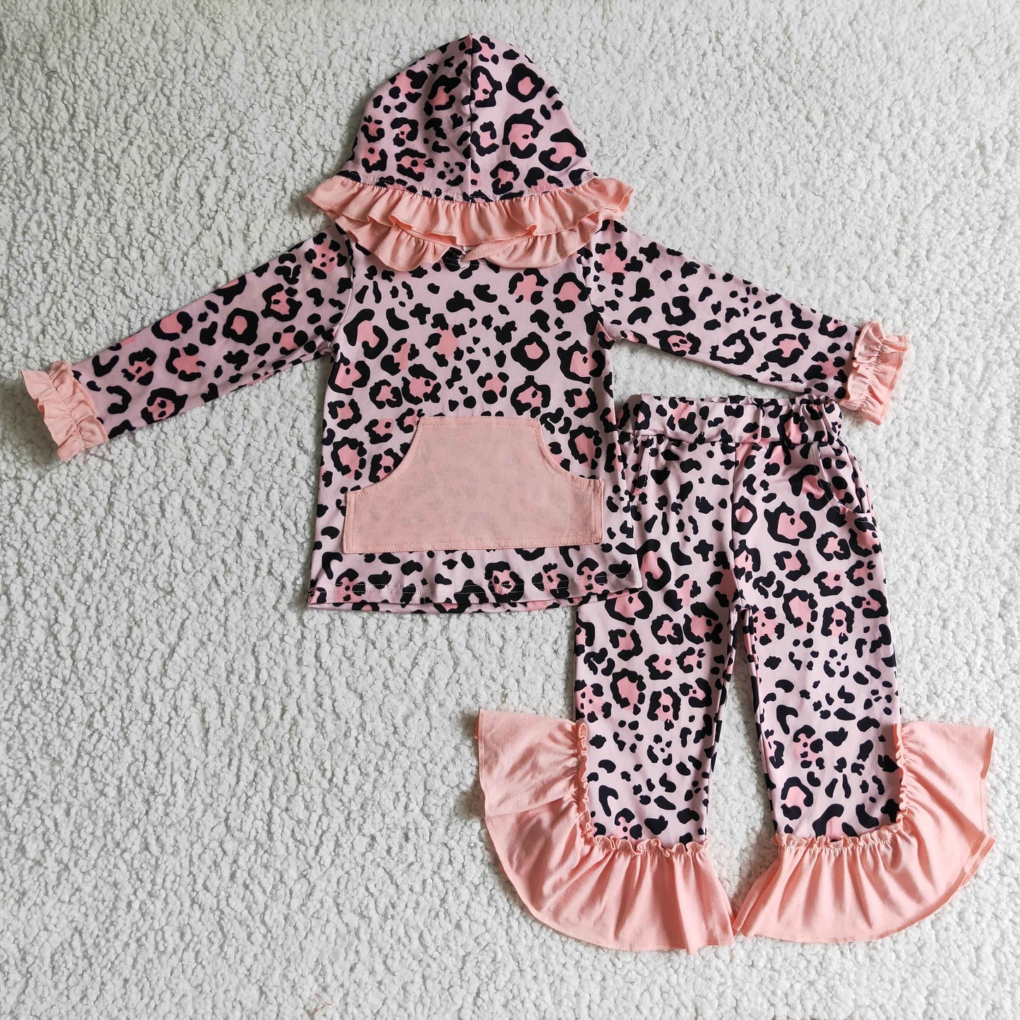 Pink Leopard Kapuzenpulli Rüschen-Taschenhose Mädchen-Kleidungsset