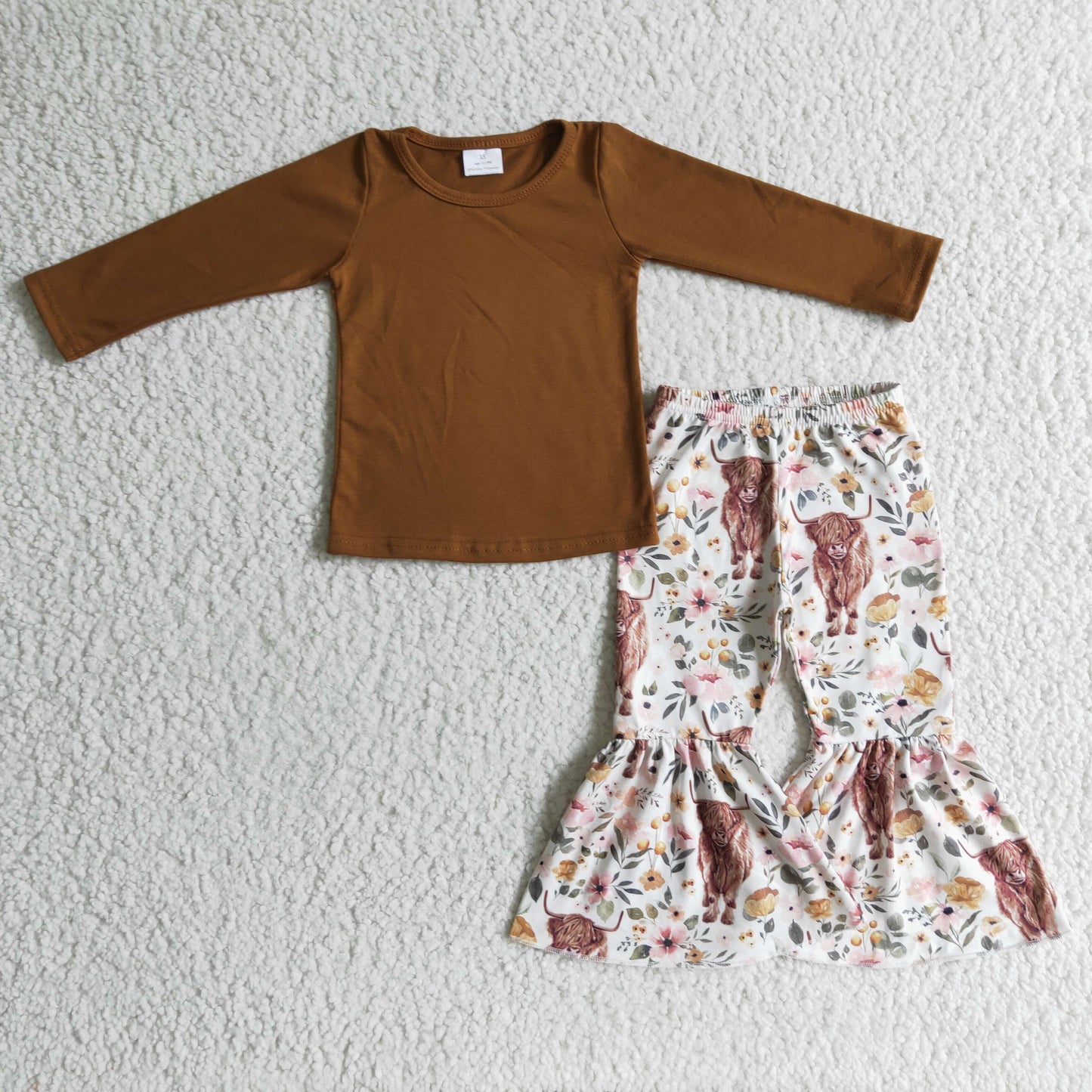 Braunes Baumwolltop Hochlandkuh Hose Mädchen Herbst Kleidung Set