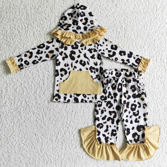 Khaki-weißer Leoparden-Hoodie-Hosen-Set für Mädchen Winter-Outfits