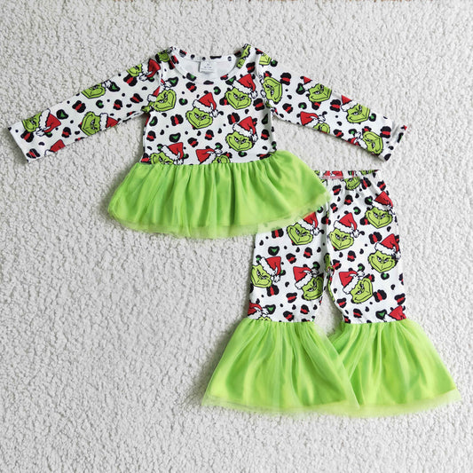 Grünflächiger Leoparden-Tüll-Kinder-Mädchen-Weihnachtsbekleidungsset
