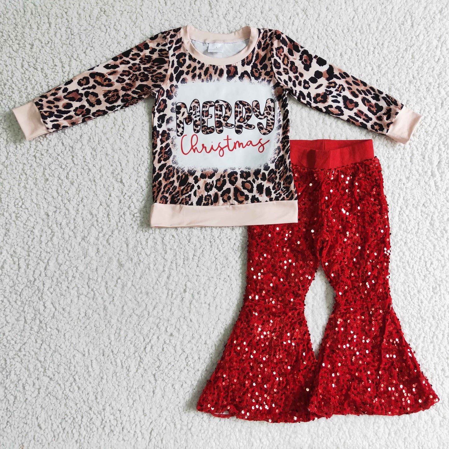 Fröhliche Weihnachten Leopardenhemd Pailletten Schlaghose Mädchen Outfits