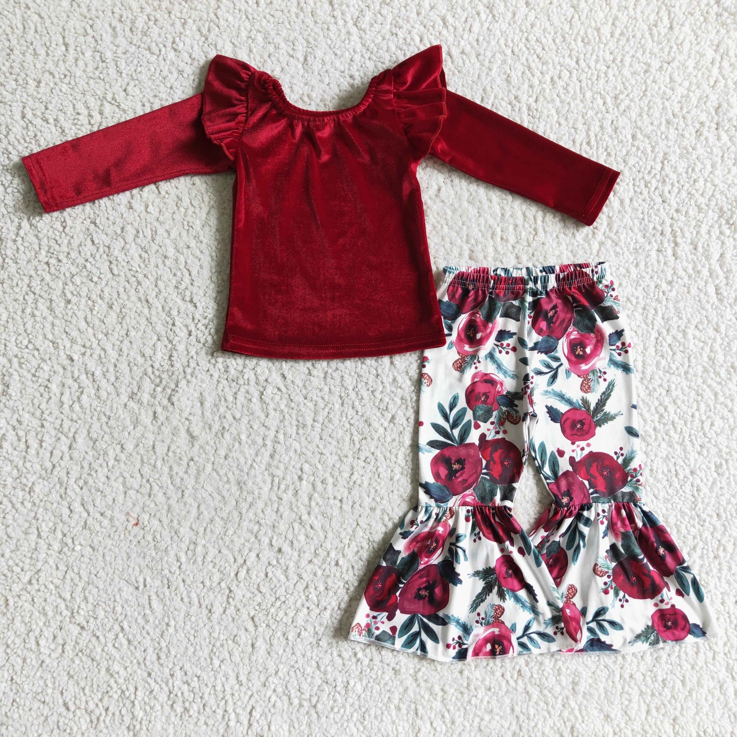 Rotes Samtshirt florale Hose Mädchen-Kleidungsset