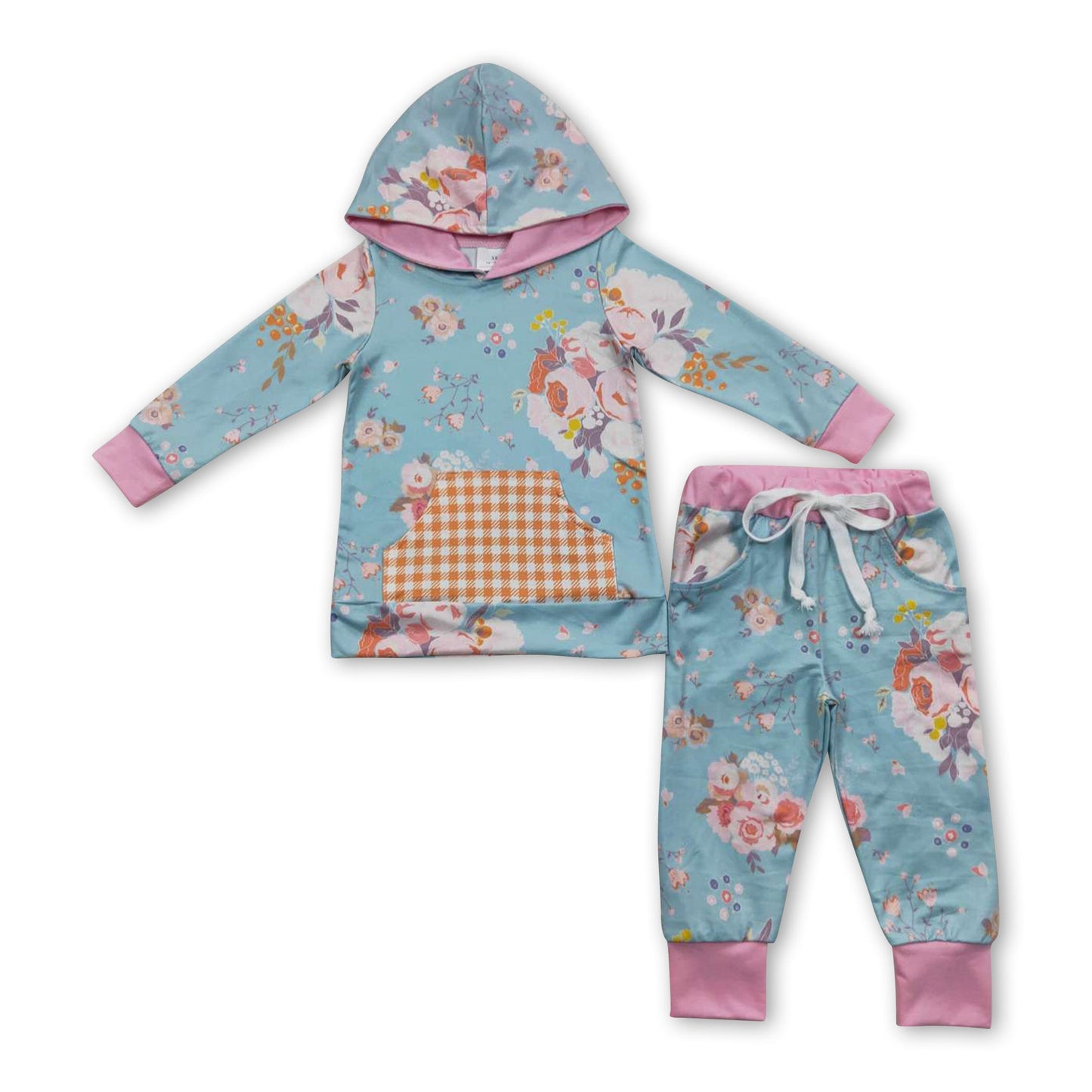 Geblümtes kariertes Hoodie-Hosen-Set für Mädchen