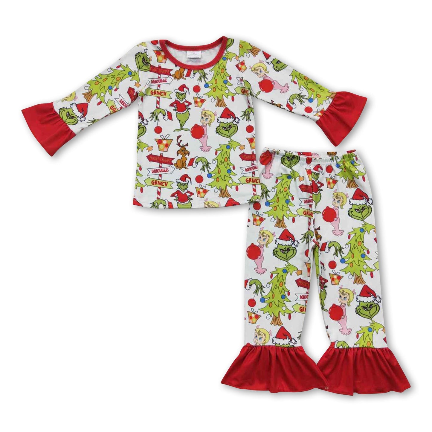 Langärmelige grüne Gesichtsgeschenke Kinder Mädchen Weihnachtspyjama