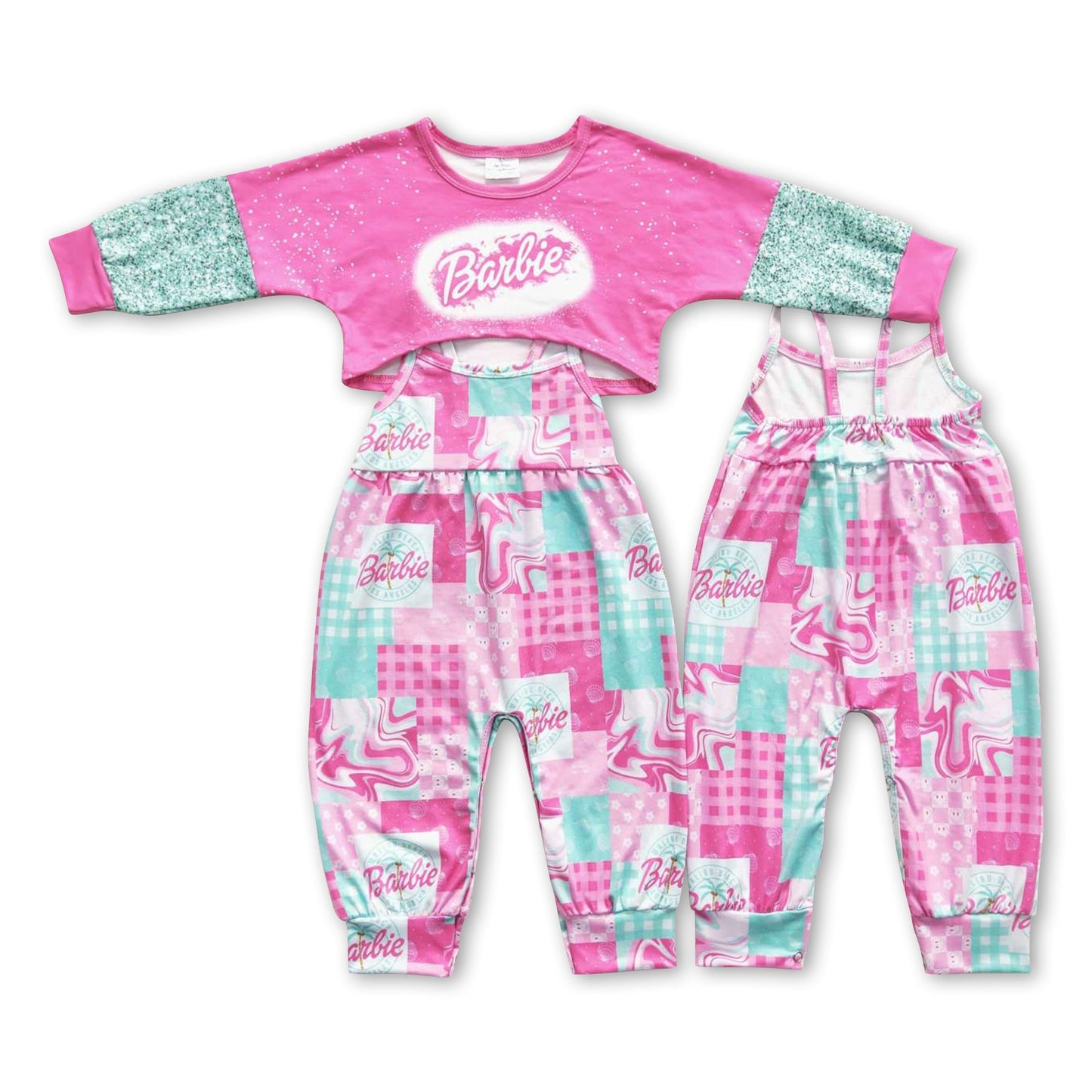Rosa Patchwork-Jumpsuit Oberteil Party Mädchen Kleiderset