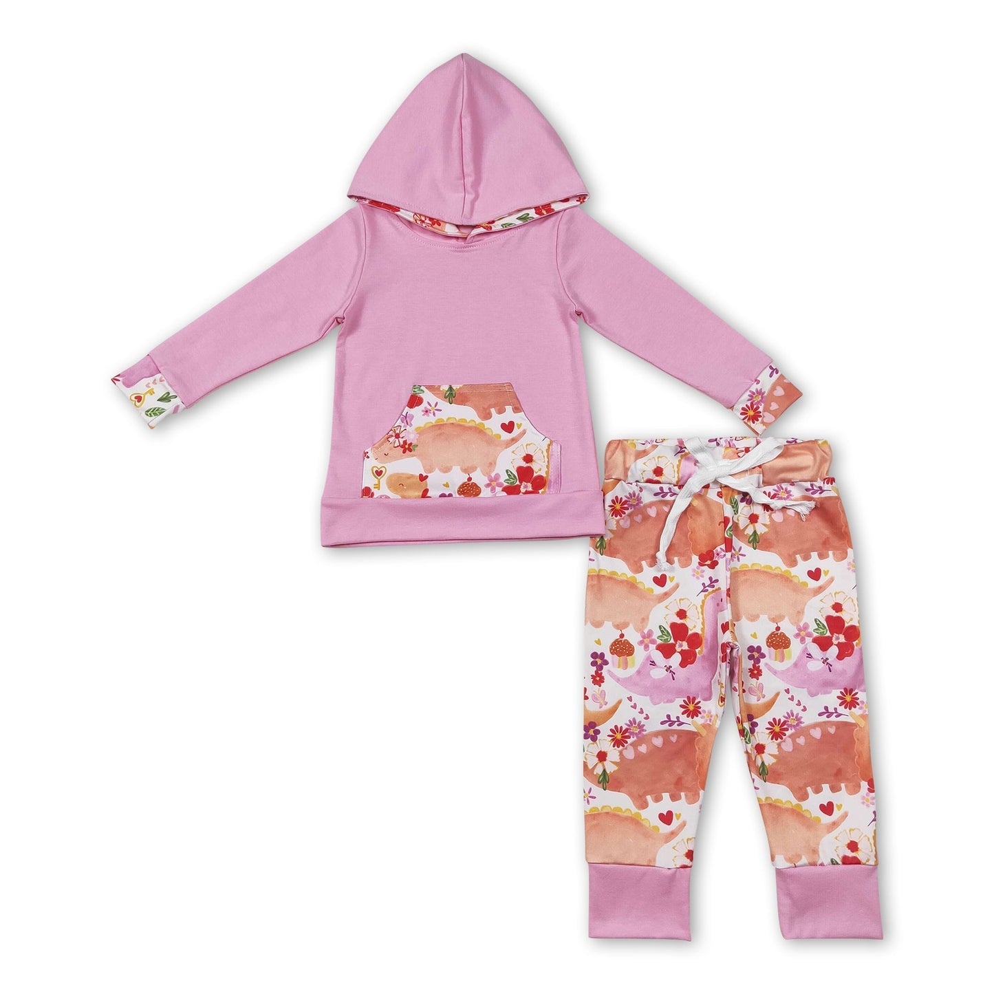 Rosa Dinosaurier Blumen Kapuzenpullover Hose Mädchen Kleidung Set