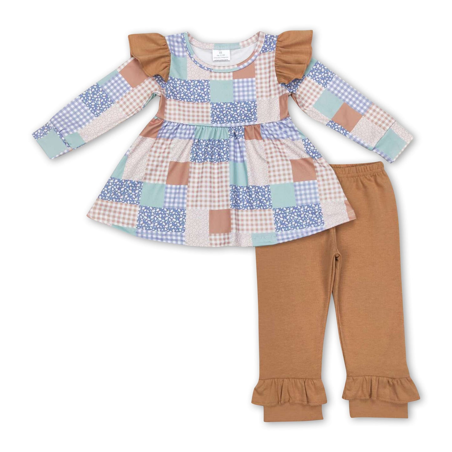 Patchwork-Tunika Khaki Leggings Mädchen Kleidung Set