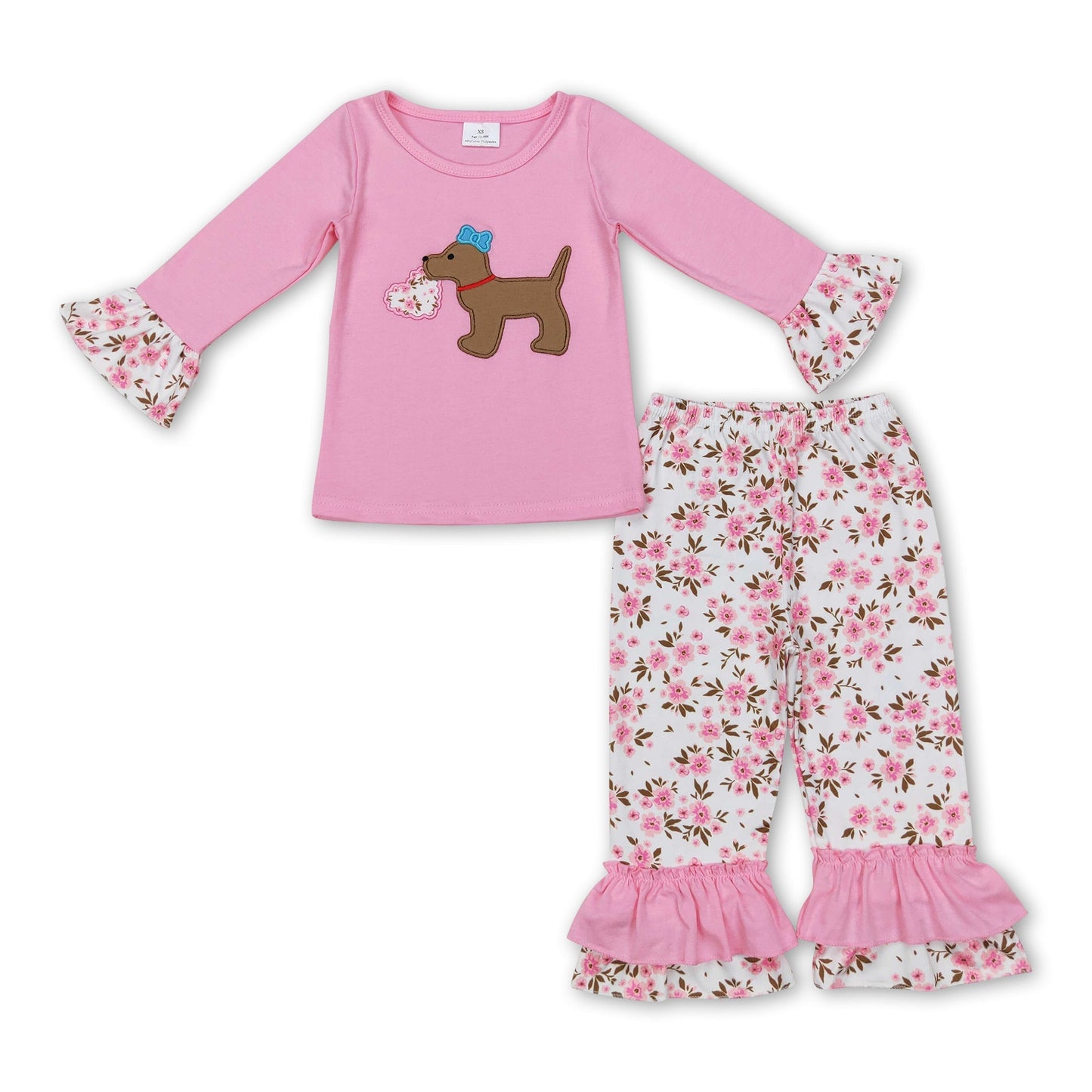 Rosa Hundeherz-Oberteil, florale Hose, Mädchen-Valentinstags-Outfits