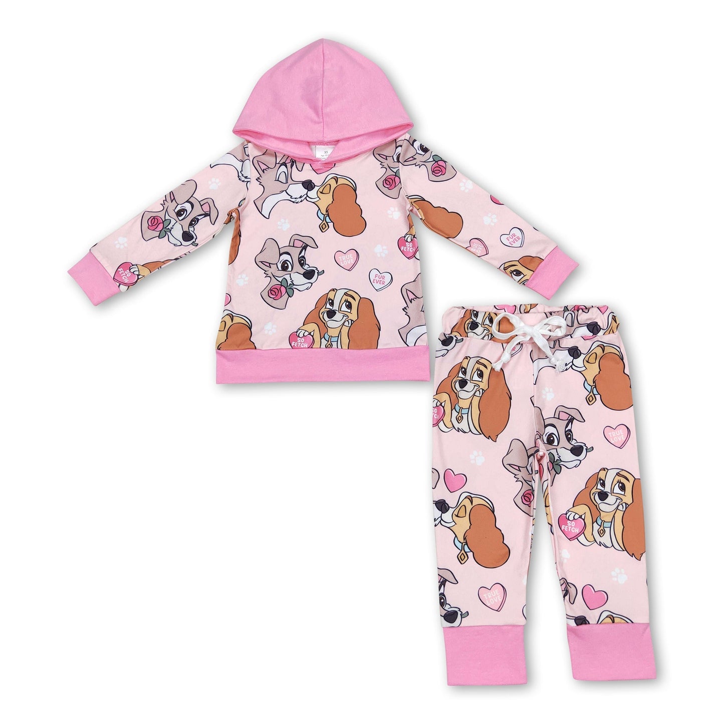 Pinkes Hunde-Kapuzenpullover-Set für Mädchen, Valentinskleidung