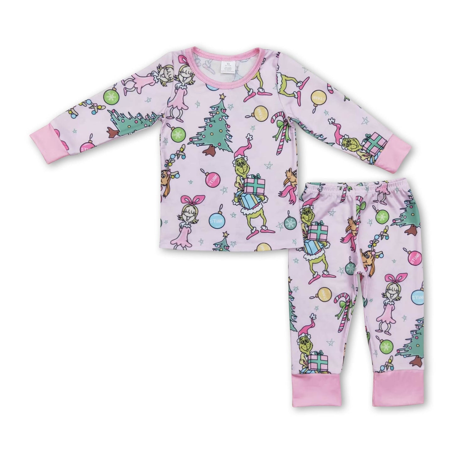 Rosa Glöckchen grüne Gesichter Baby-Mädchen Weihnachtspyjamas
