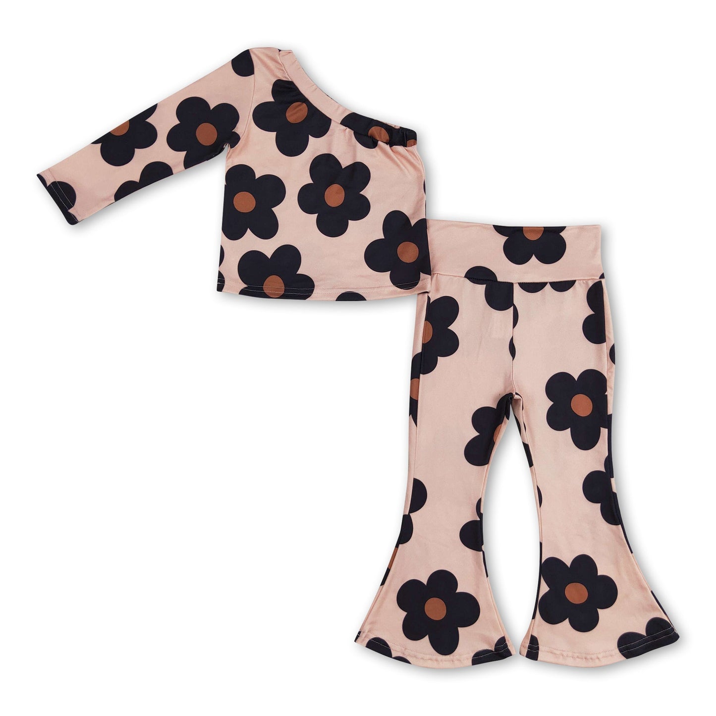 Langarm Blumen-One-Shoulder-Top und Hose für Mädchen
