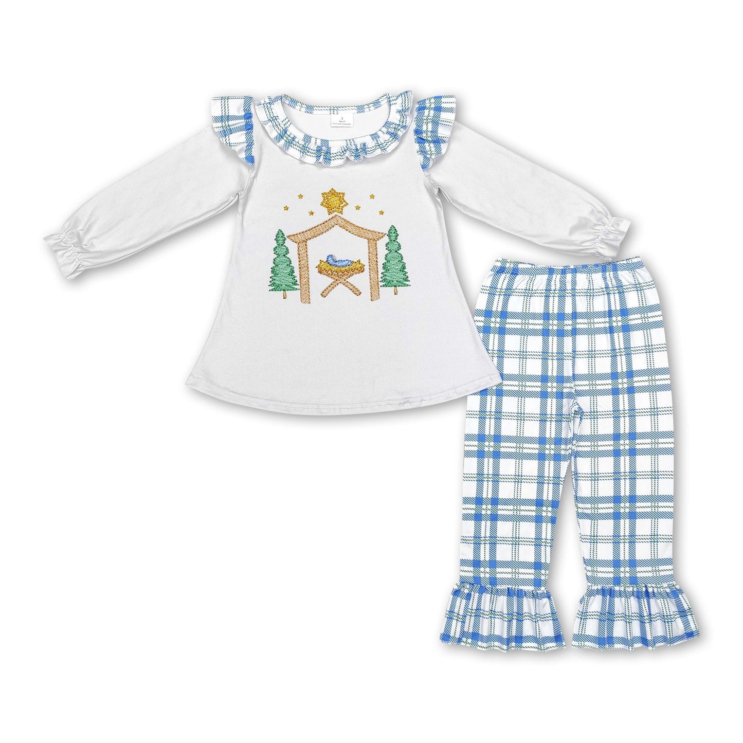 Geburtskrippe Tunika blau karierte Rüschenhose Mädchen Weihnachtsset