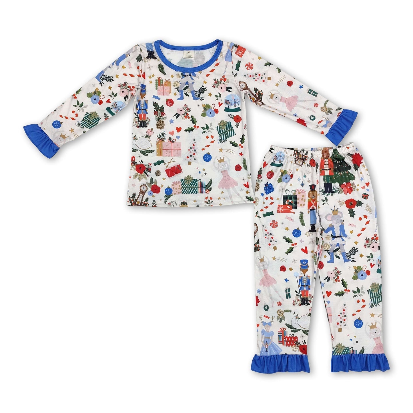 Blaue Rüschen-Königs-Ballett-Langarm-Mädchen-Weihnachtspyjamas