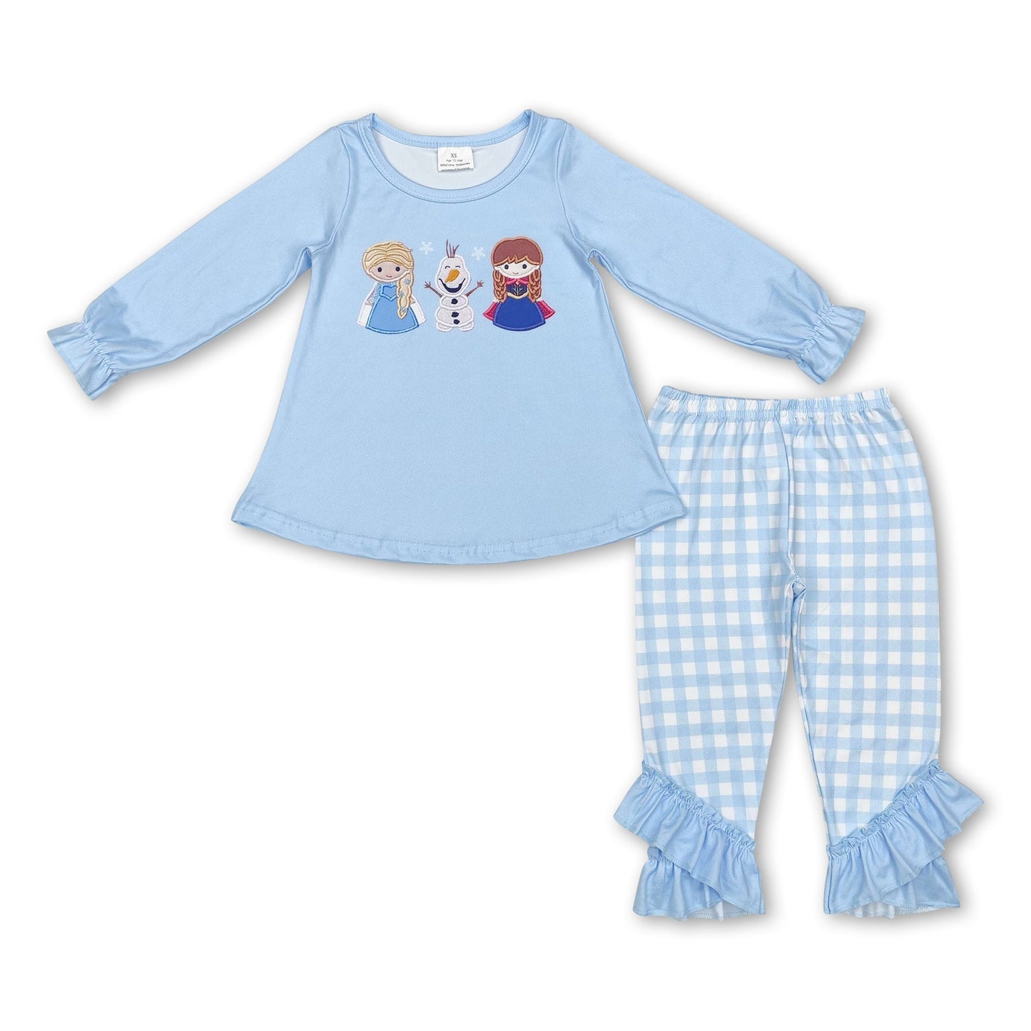 Hellblaues Eisprinzessinnen-Oberteil, karierte Leggings, Mädchenkleidung