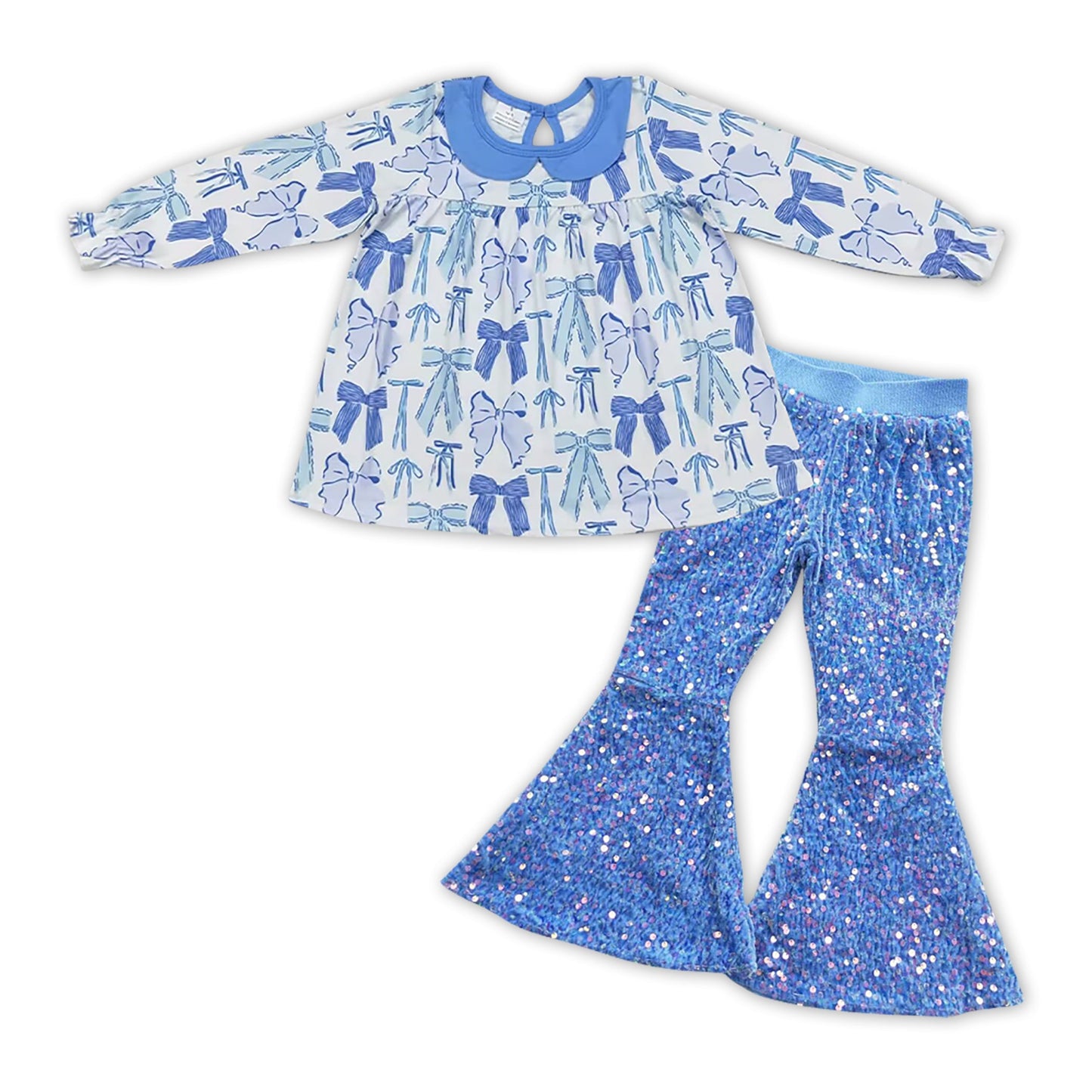 Schleifen-Tunika blau Paillettenhose Mädchen-Bekleidungsset