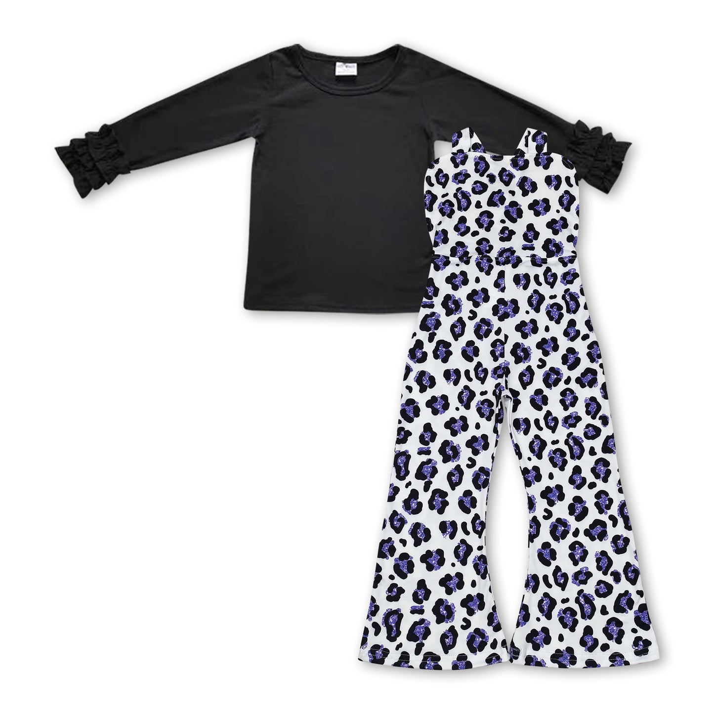 Schwarzes Baumwolltop lila Leoparden-Overall Mädchenkleidung