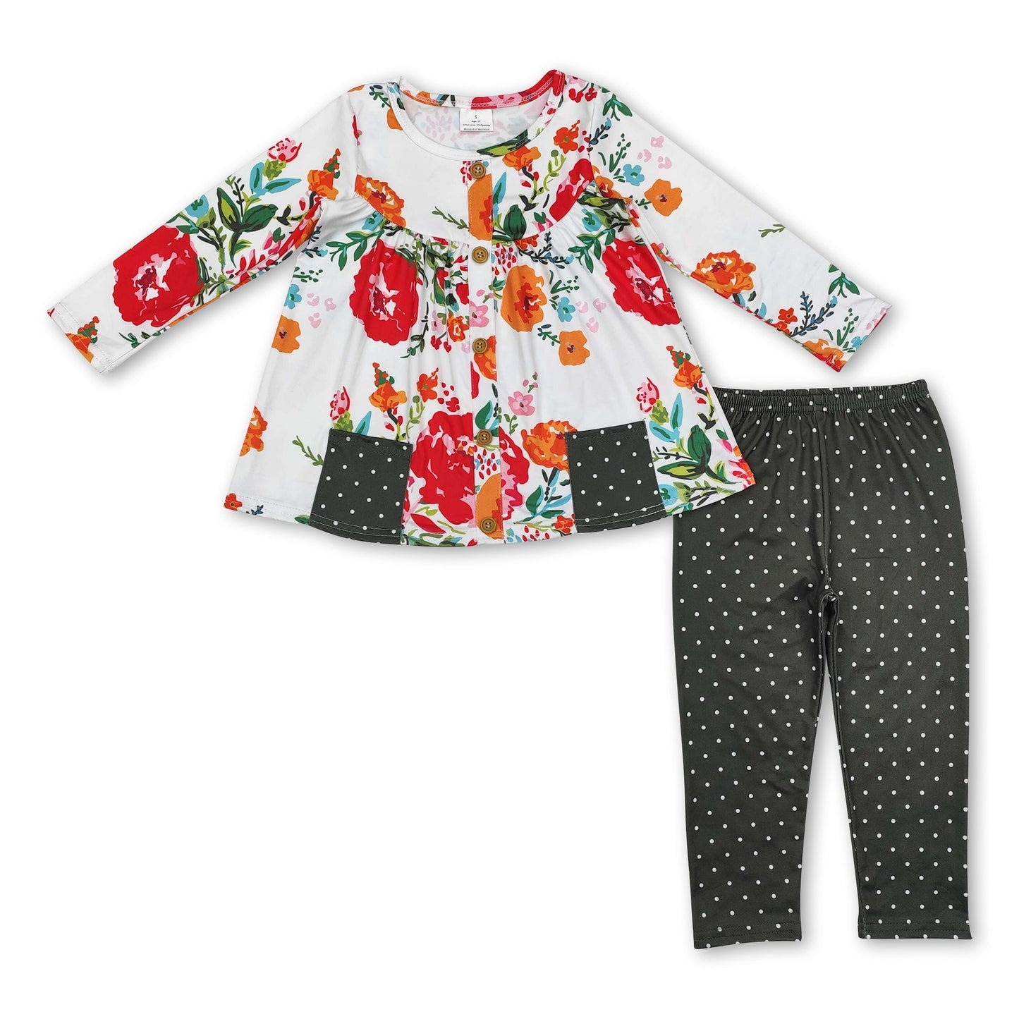 Geblümtes Tunika mit Rüschenknöpfen, olivgrüne Leggings mit Punkten, Mädchenkleidung