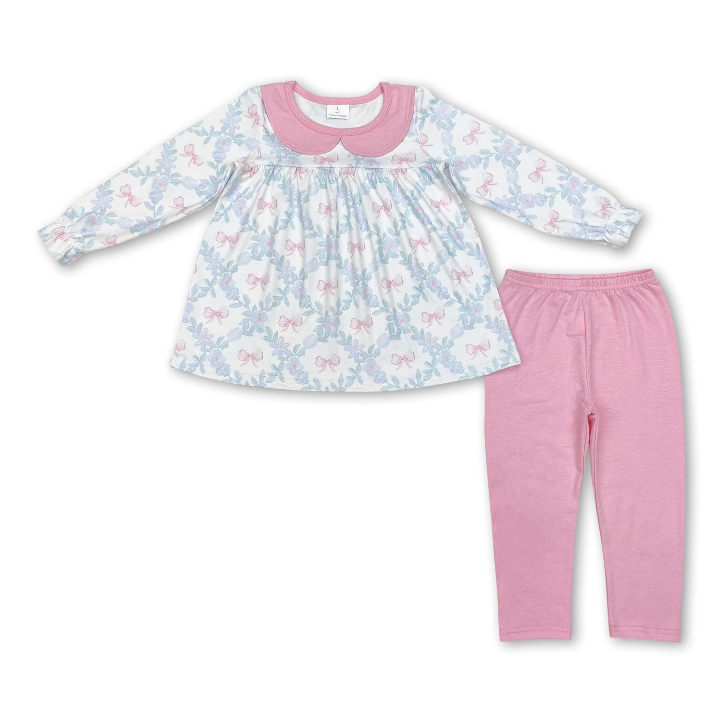 Mädchen-Kleidungsset mit Tunika, Leggings, floralem Muster und rosa Schleife