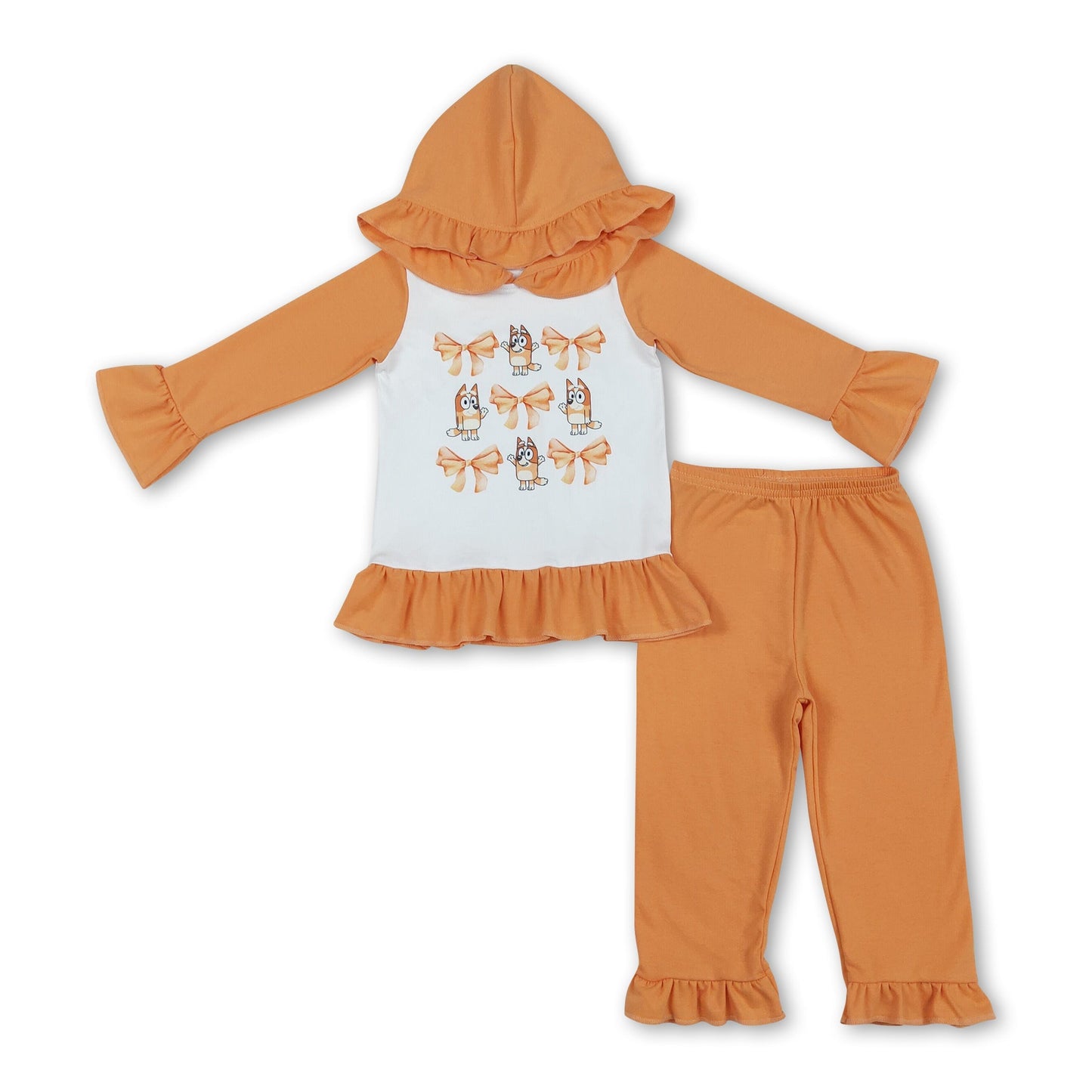 Gelber Hund Schleife Rüschen Hoodie Hose Mädchen Kleider Set