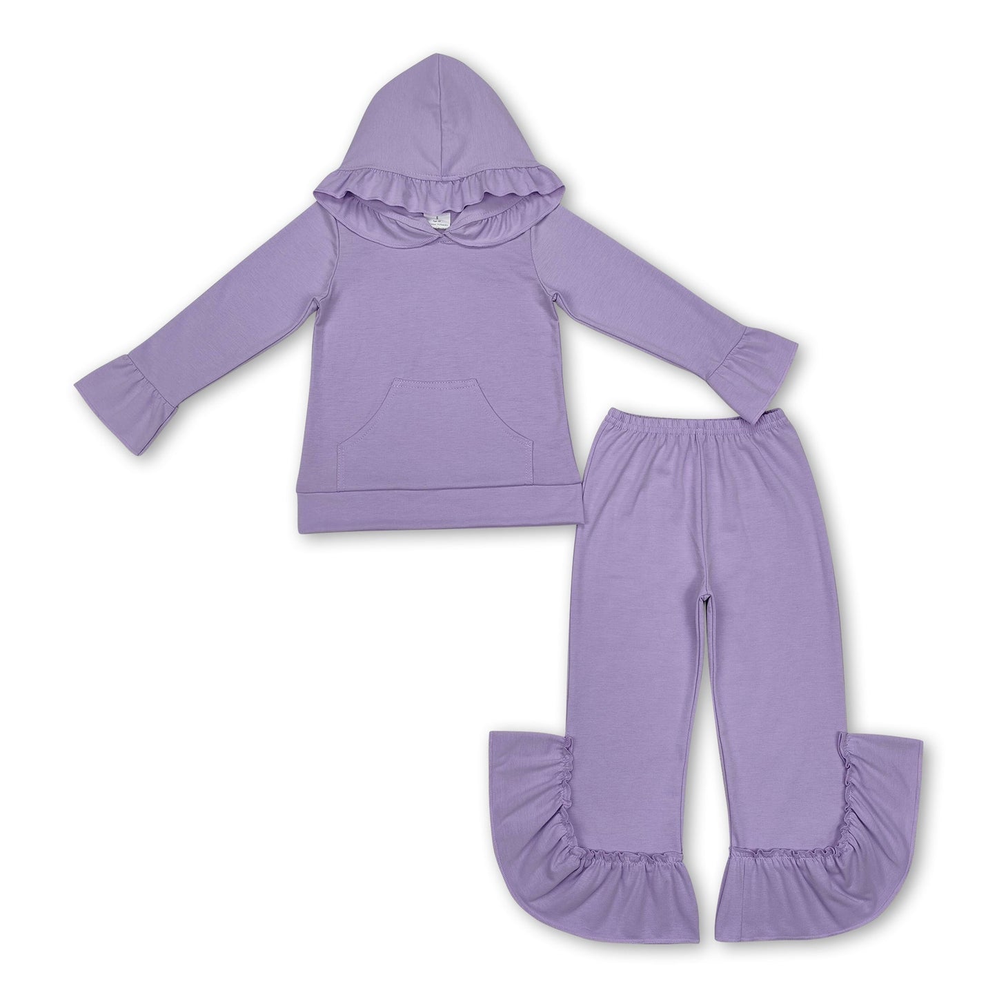 Lavendelfarbener Baumwoll-Rüschen-Kapuzenpulli mit Hose für Mädchen, Bekleidungsset