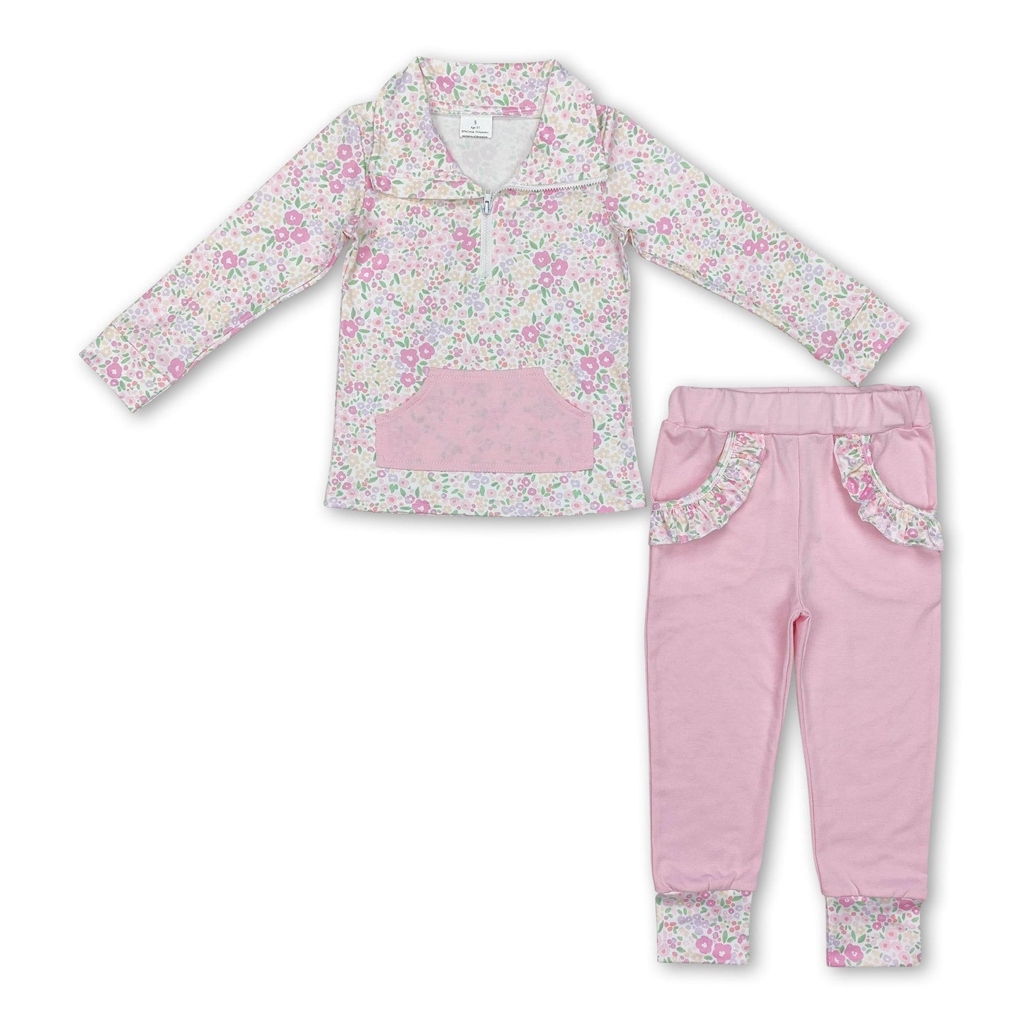 Rosa geblümter Taschenreißverschluss-Pullover-Hosen-Mädchen-Bekleidungsset