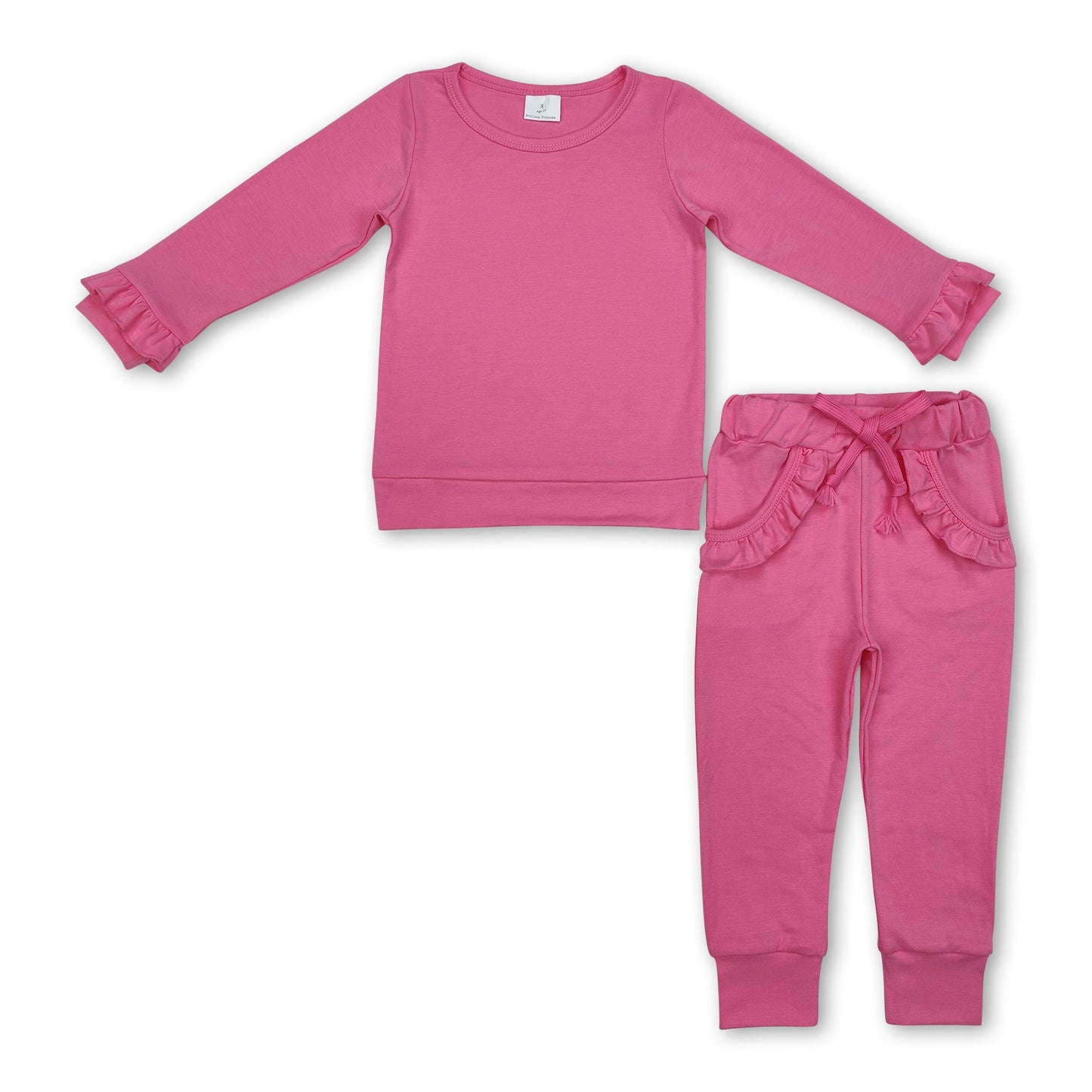 Langärmliges, fuchsiafarbenes Rüschenoberteil und Hose für Kinder und Mädchen