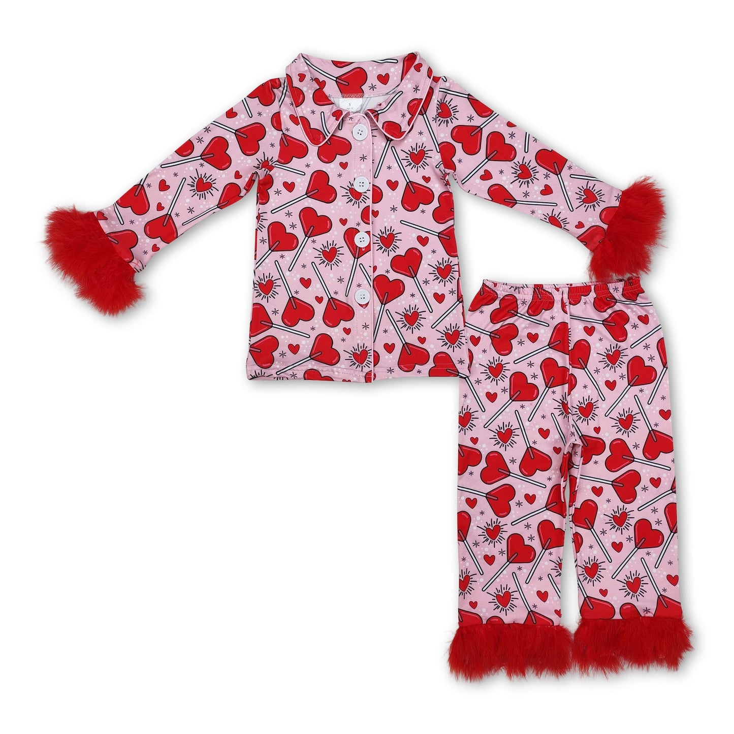 Rote Herz-Fleece-Langarm-Mädchen-Valentinstagspyjamas