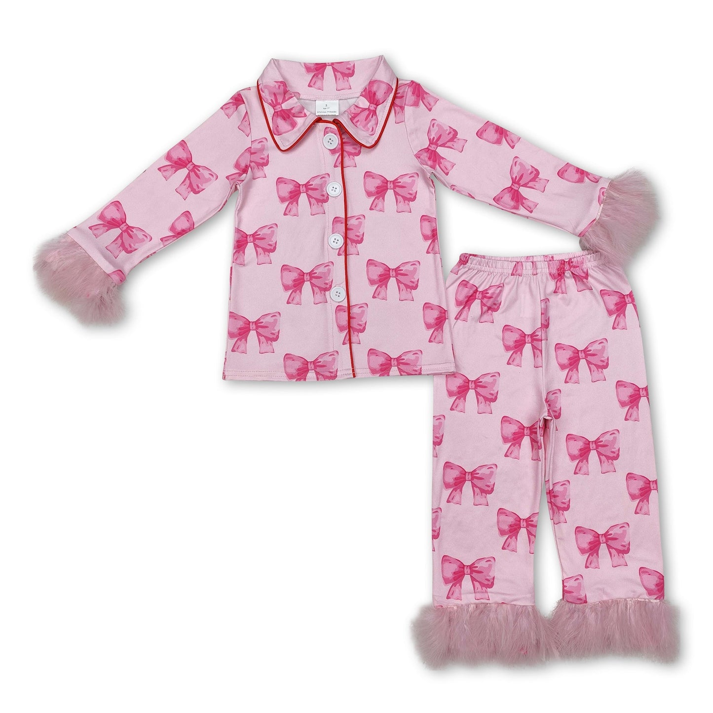 Pinkfarbener Schleifen-Fell-Langarm-Kinder-Mädchen-Schlafanzug mit Knöpfen