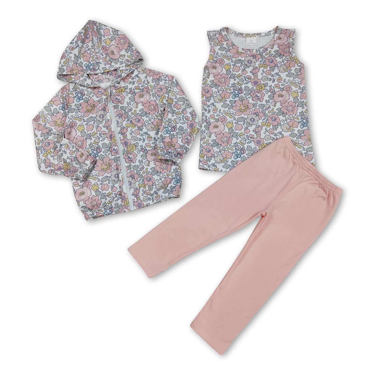 Ärmelloses Oberteil mit Blumenmuster Leggings Jacke 3-teiliges Set Mädchenkleidung