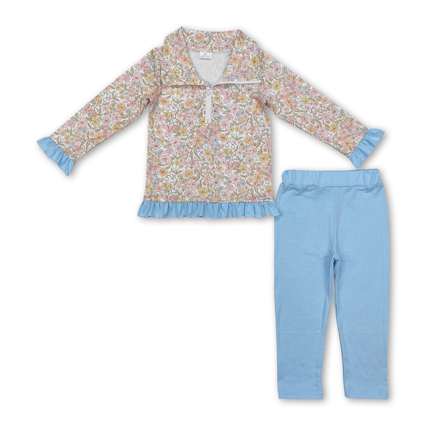 Florale Langarm-Reißverschluss-Pullover-Leggings Mädchenkleidung
