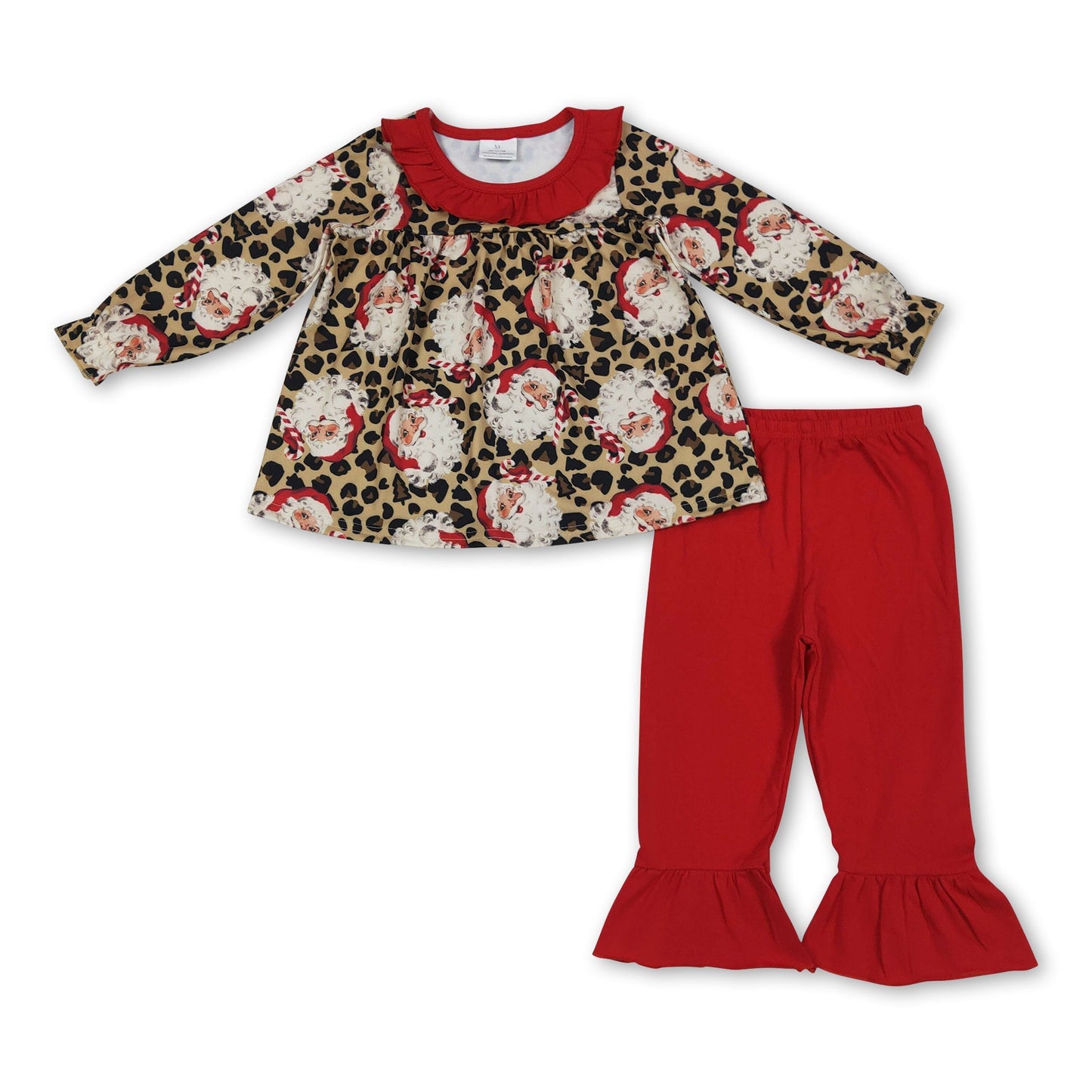 Rotes Rüschen-Leopard-Nikolaus-Tunika-Hosen-Mädchen-Weihnachtskleidung