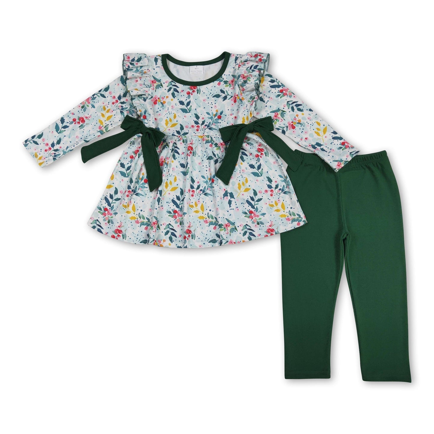 Langärmeliges Tunika-Oberteil, grüne Leggings, Herbstkleidung für Mädchen