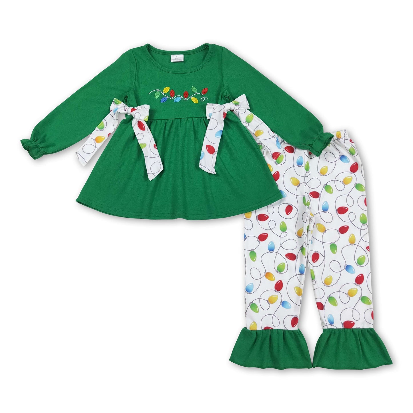 Grüne Weihnachtsbeleuchtung Schleife Tunika Hose Mädchen Kleidung