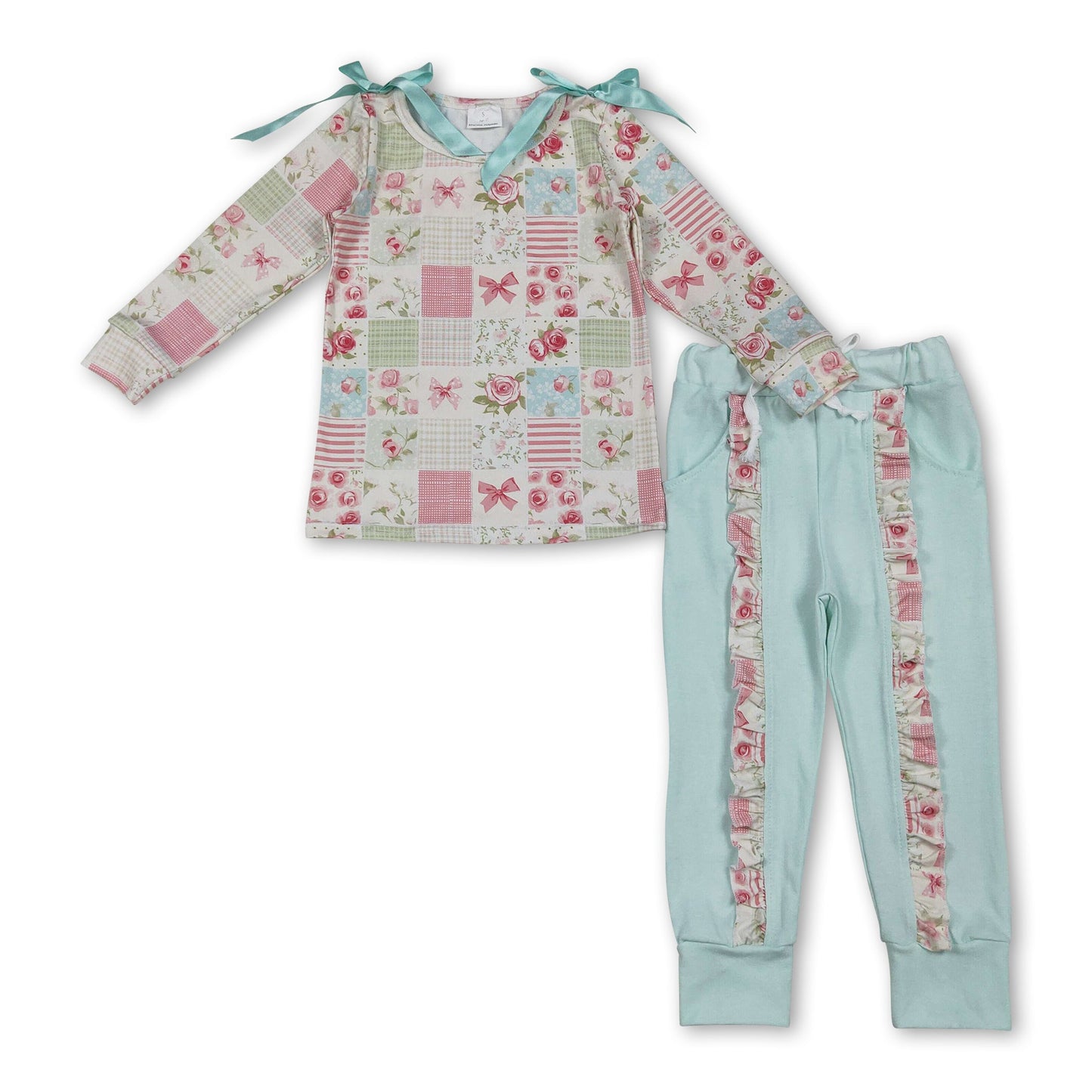 Blumen-Schleifen-Patchwork-Rüschenhose Mädchen-Bekleidungsset