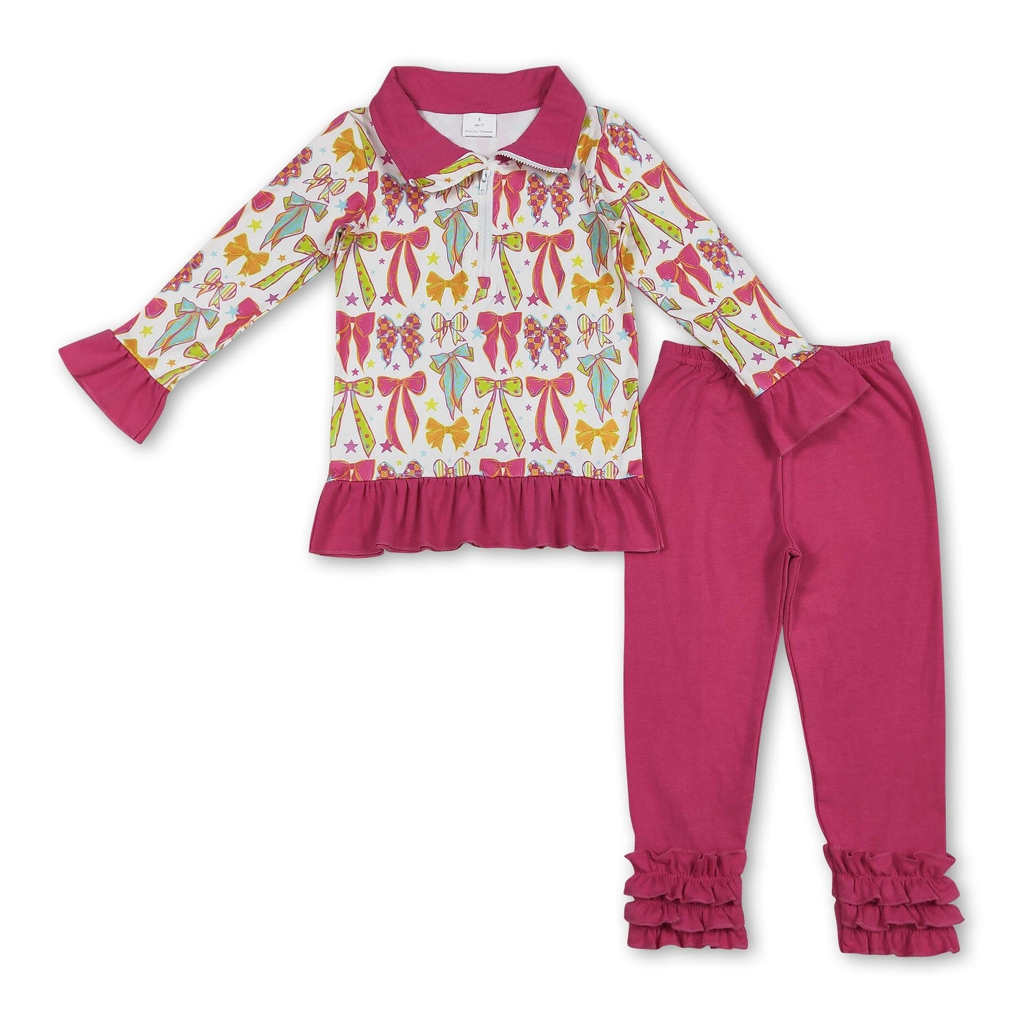 Bunter Reißverschluss-Pullover mit Schleife, pinke Leggings, Mädchenkleidung