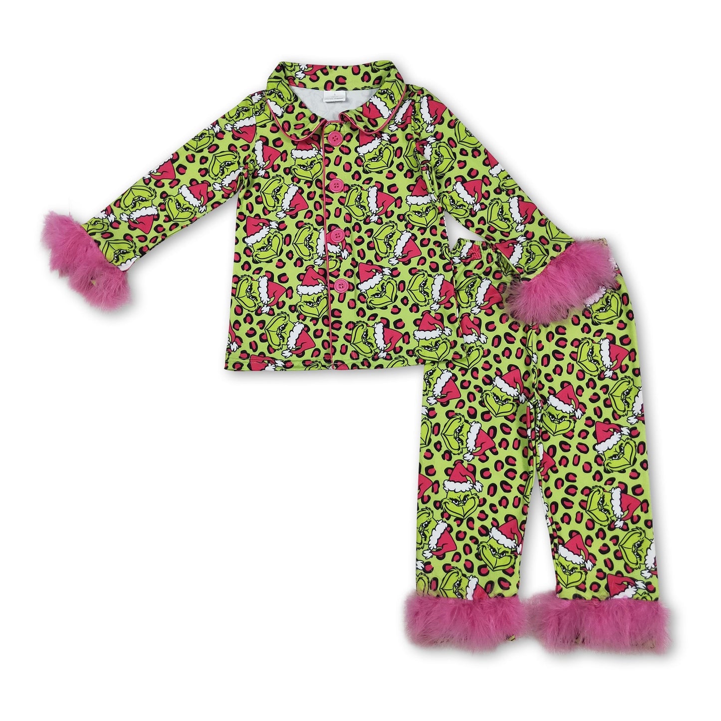 Leopard grün Gesichtsfell Mädchen Weihnachtsknopf-Pyjama