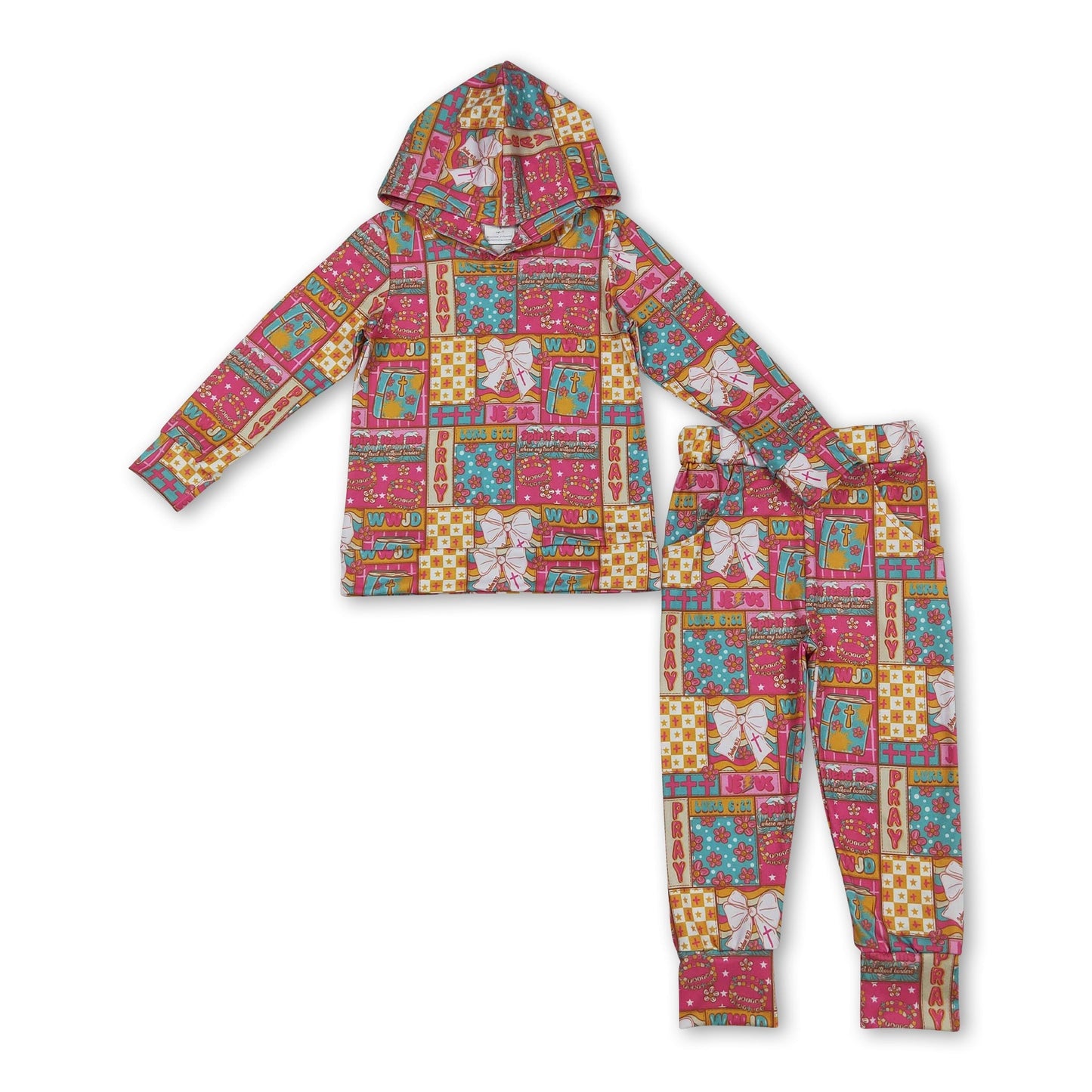 Langarm gekreuzter Bogen floraler Hoodie Hose Mädchen Kleidung