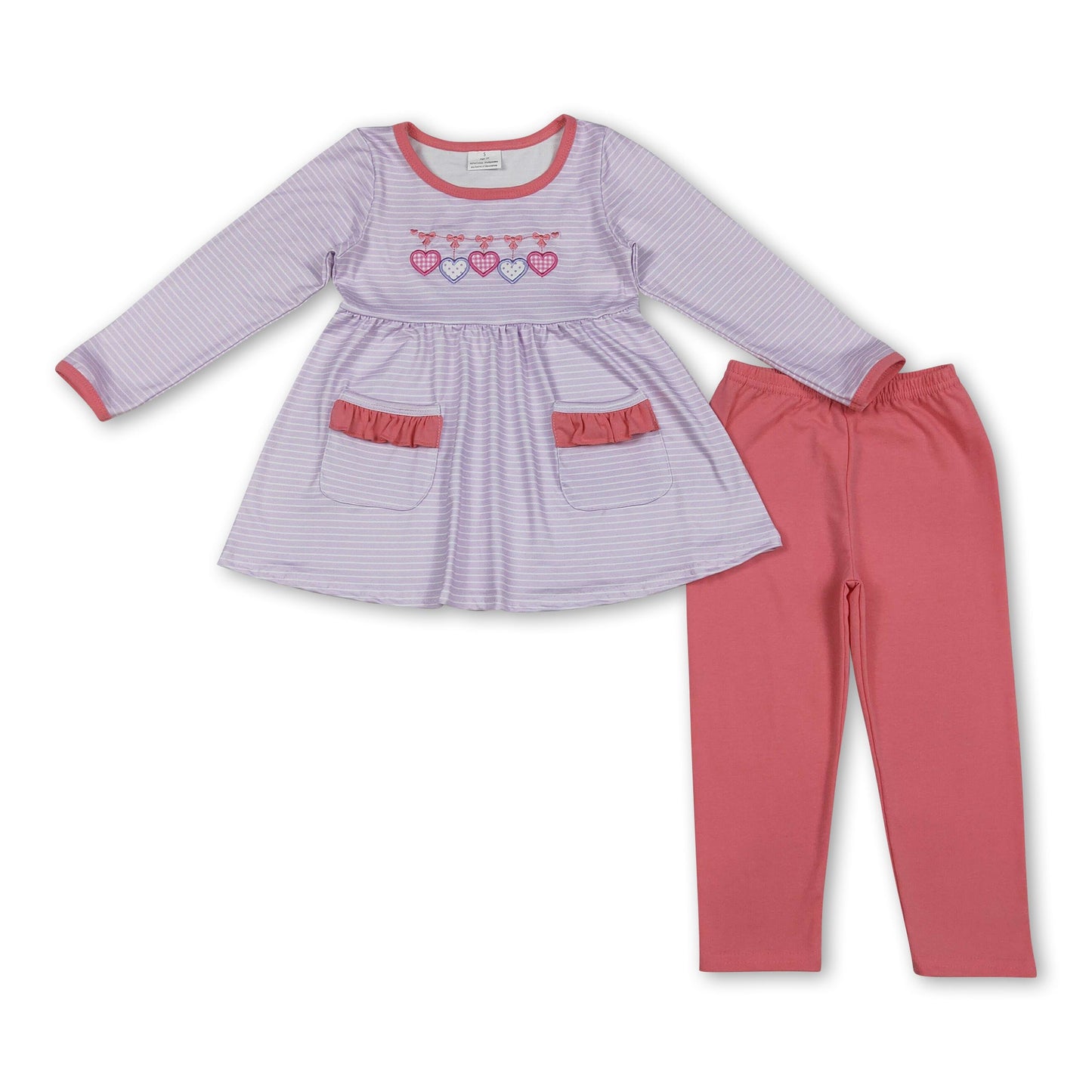Langärmliges Herz-Streifen-Tunika-Leggings-Set für Mädchen zum Valentinstag