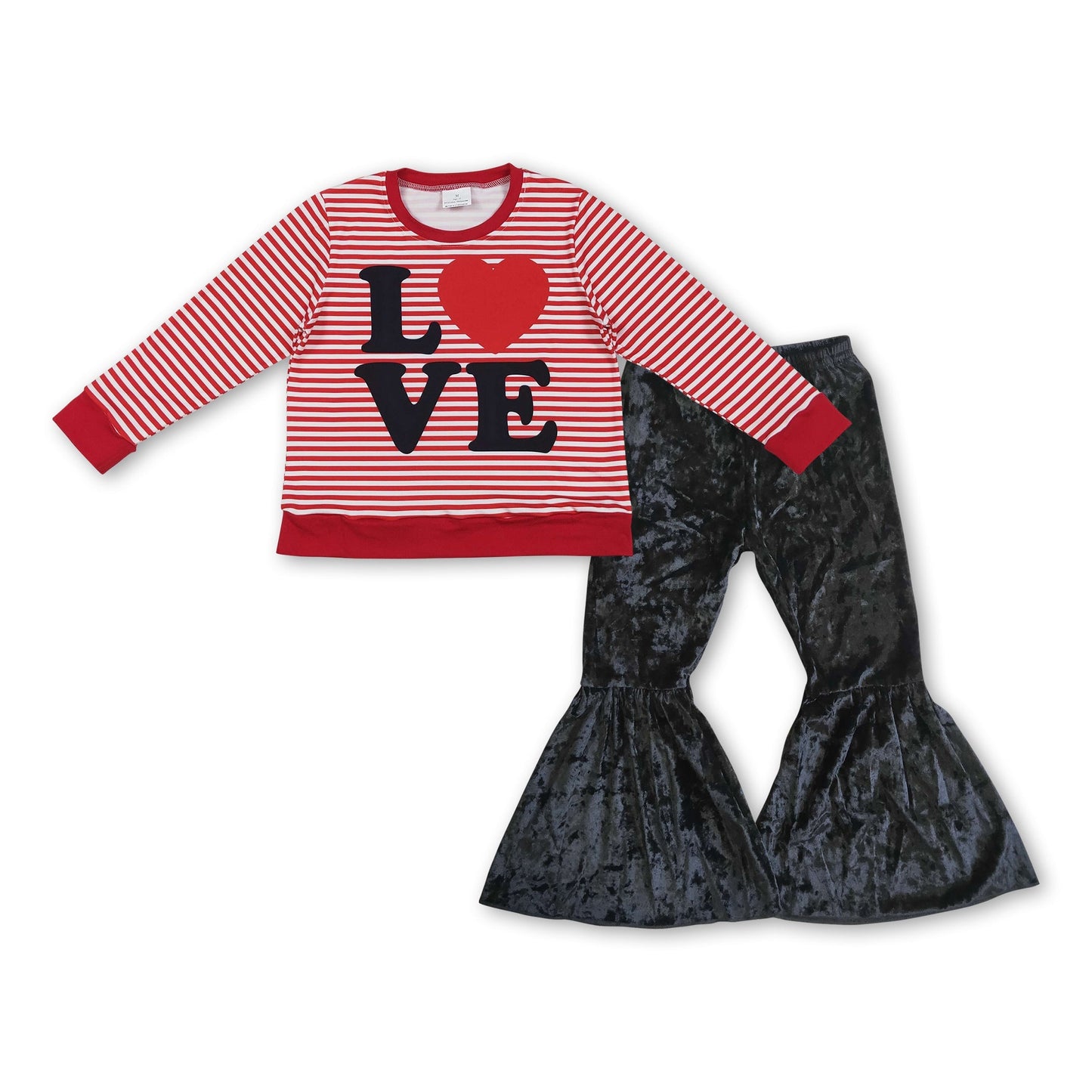 Liebesherz-Top, schwarze Samthose, Mädchen Valentinstagskleidung
