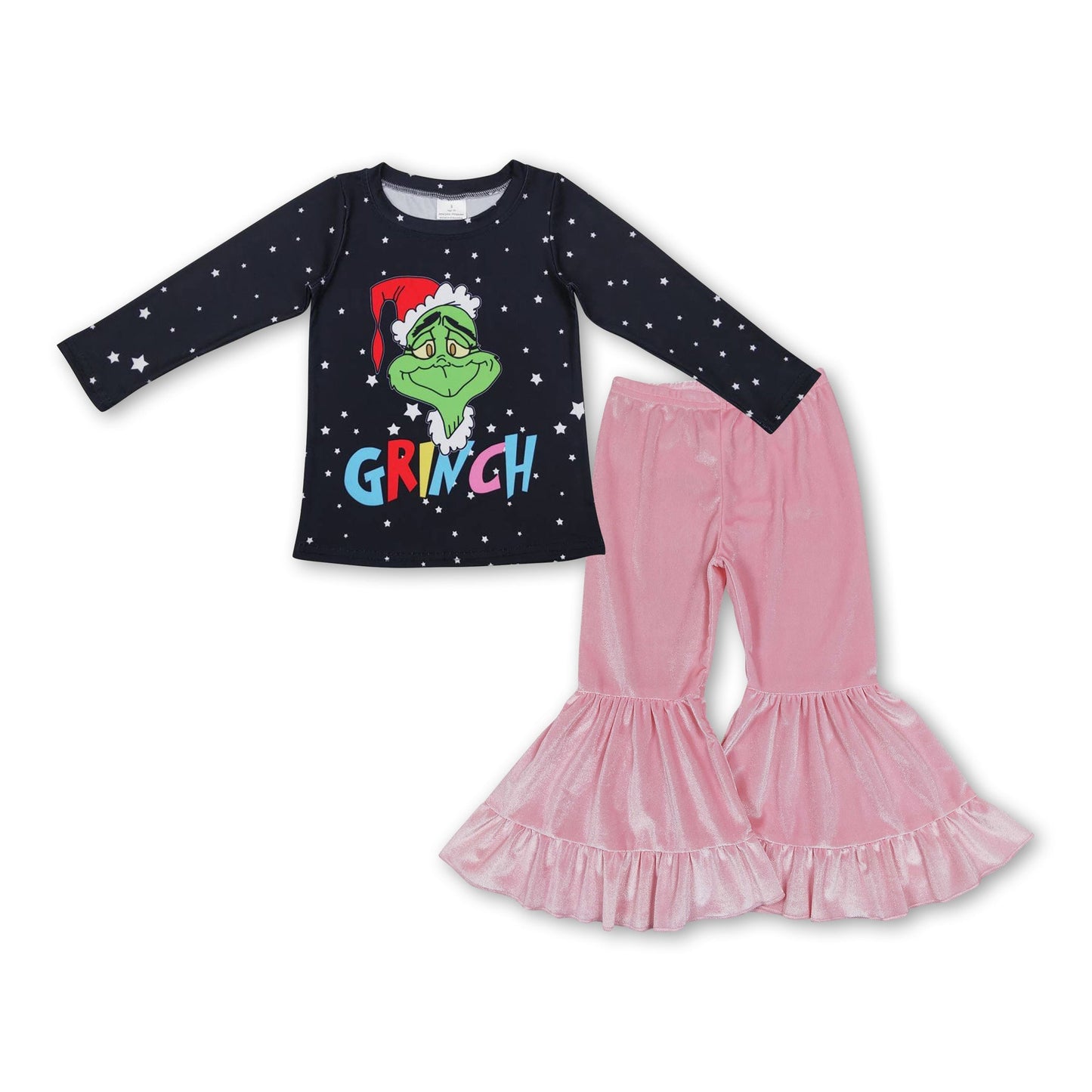 Schwarz-grünes Oberteil, rosafarbene Samthose, Mädchen-Weihnachtsoutfits