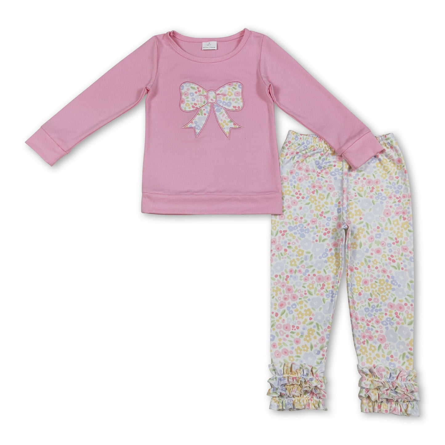 Rosa langärmliges Blumen-Schleifen-Oberteil Leggings Mädchen Kleider-Set