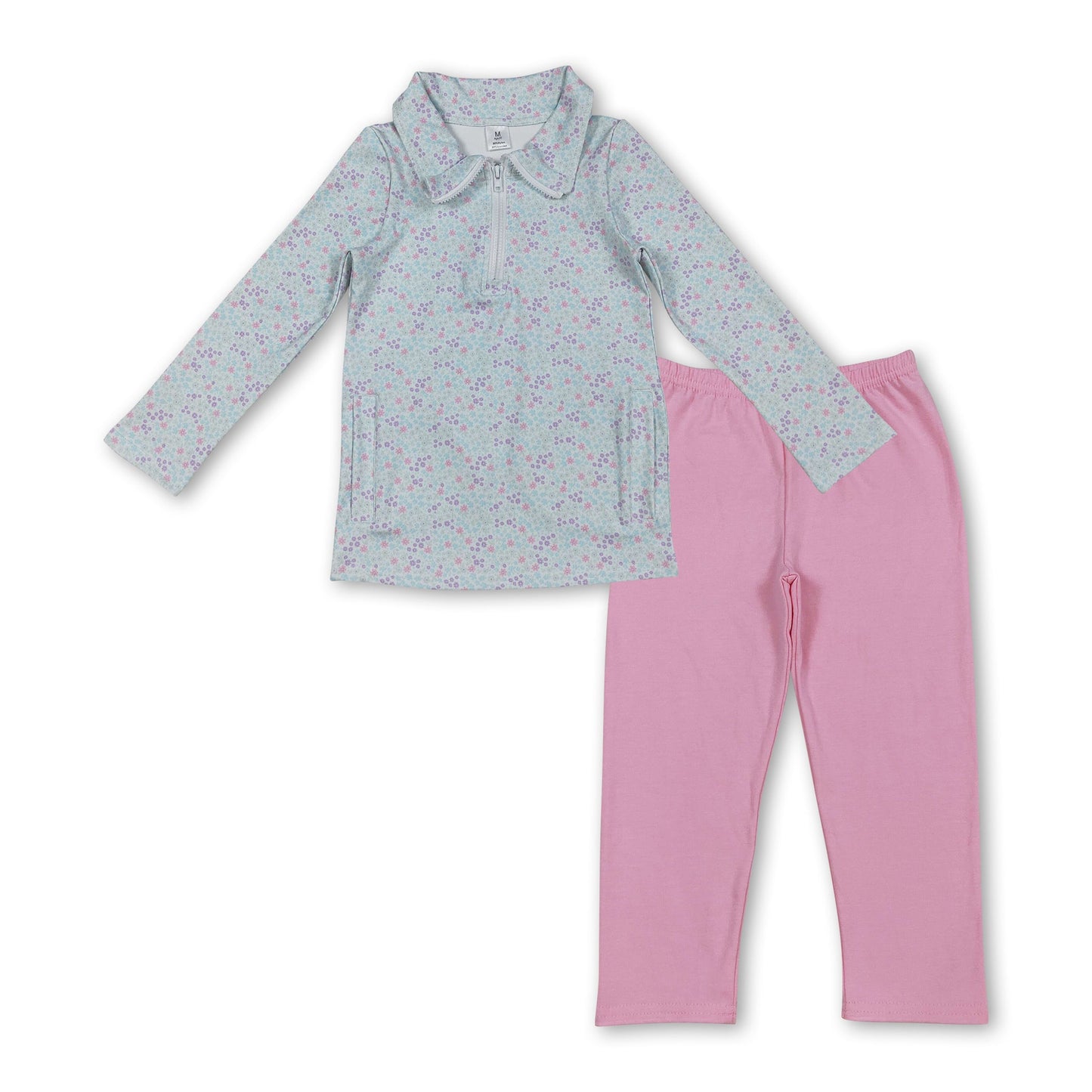 Langarm-Blumen-Active-Pullover, rosa Baumwoll-Leggings, Mädchen-Set