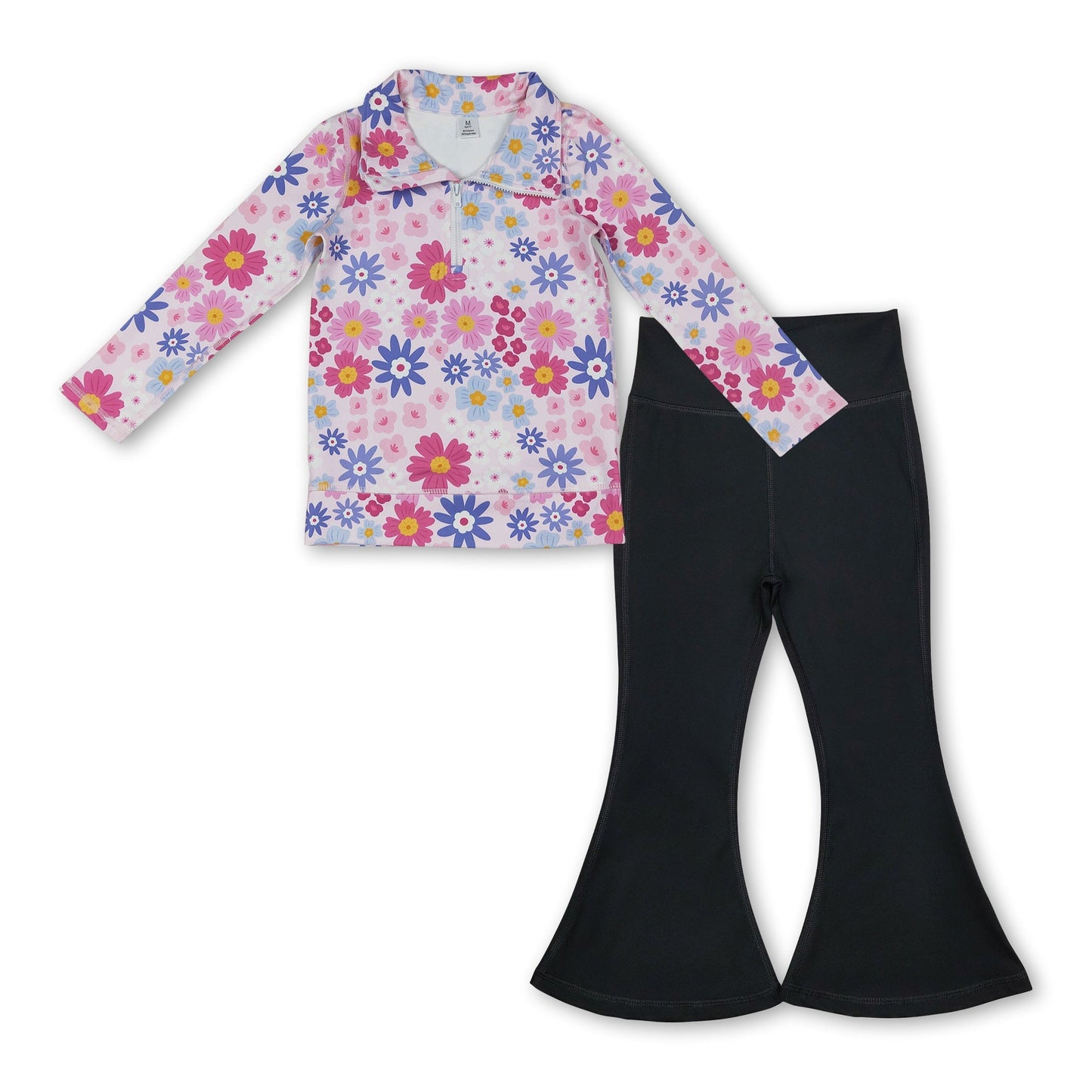 Floraler Reißverschluss-Pullover, schwarze Hose, Mädchen, Active-Yoga-Set