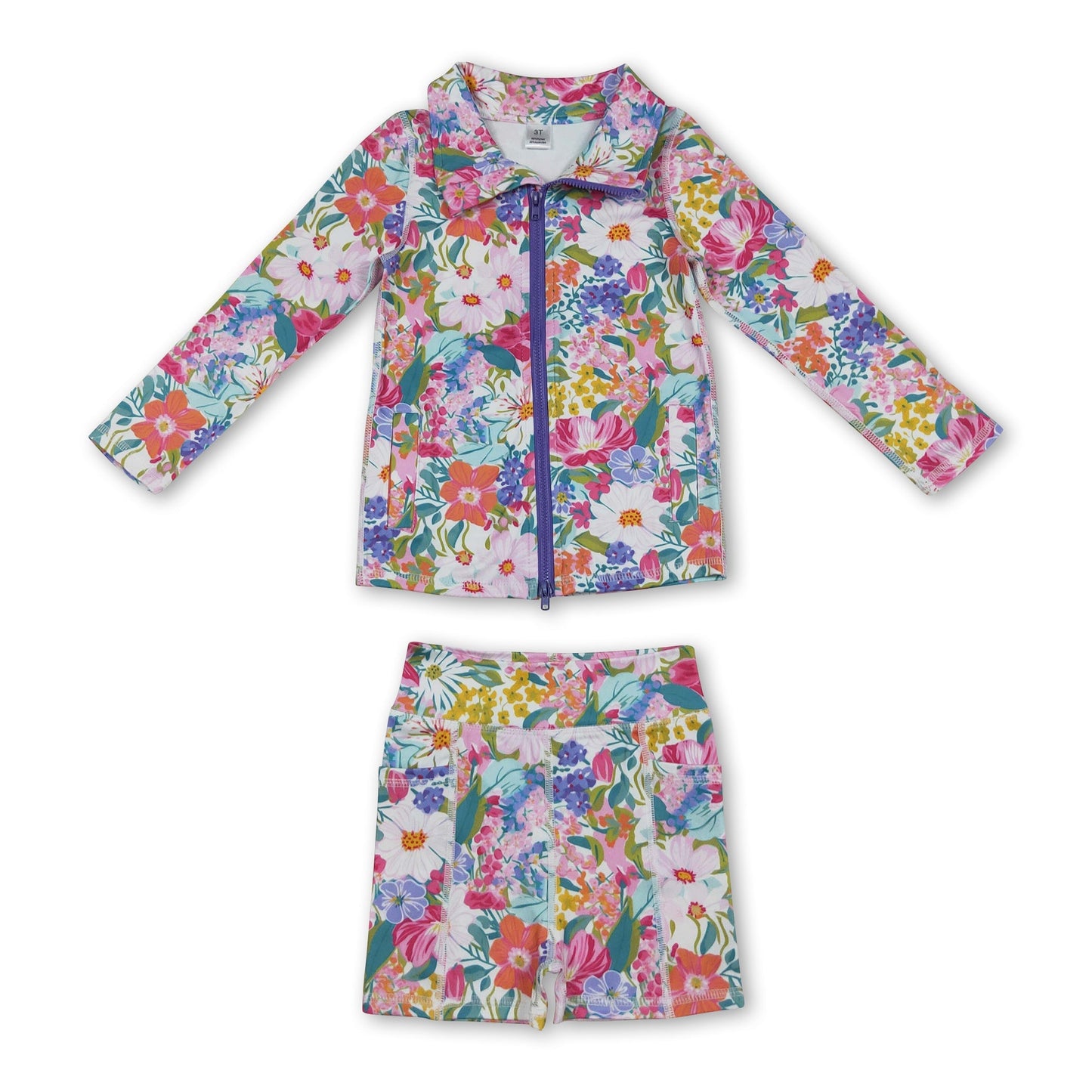 Langärmliges lavendelfarbenes Blumen-Oberteil mit Shorts für Mädchen Activewear-Set