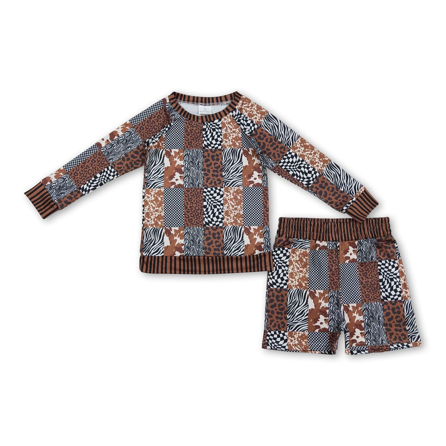 Langarm Leopard Karo Kuhmuster Oberteil Shorts Mädchen Outfits