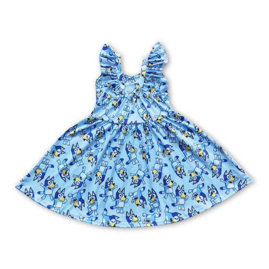 Flutter sleeves blue dog baby girls twirl dresses