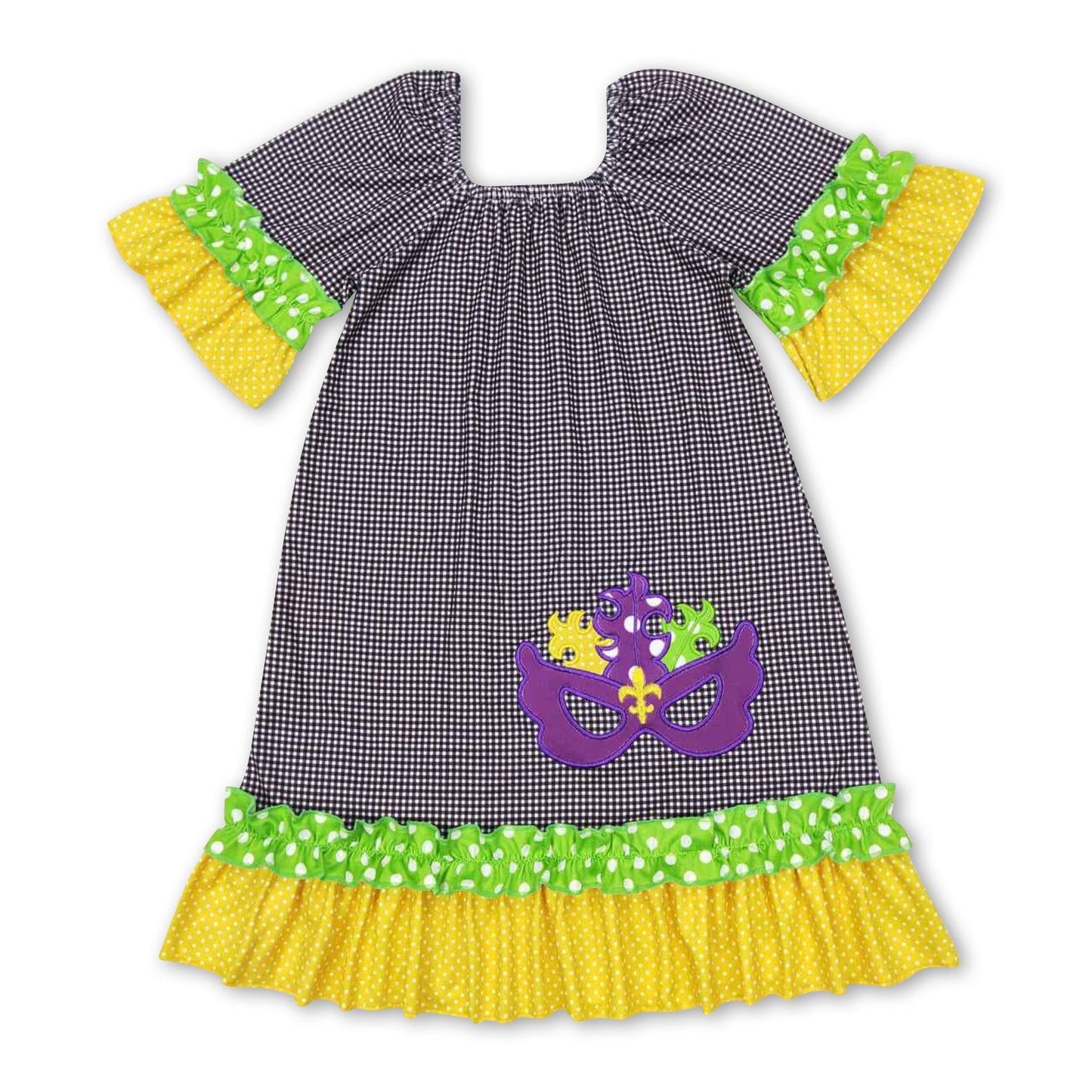 Kurzärmliges lila-gelb-grünes Mardi-Gras-Kleid für Mädchen