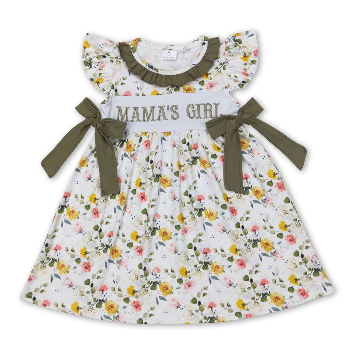 Mama's Girl Olivenfarbenes Kleid mit Blumenmuster und Schleife für kleine Mädchen